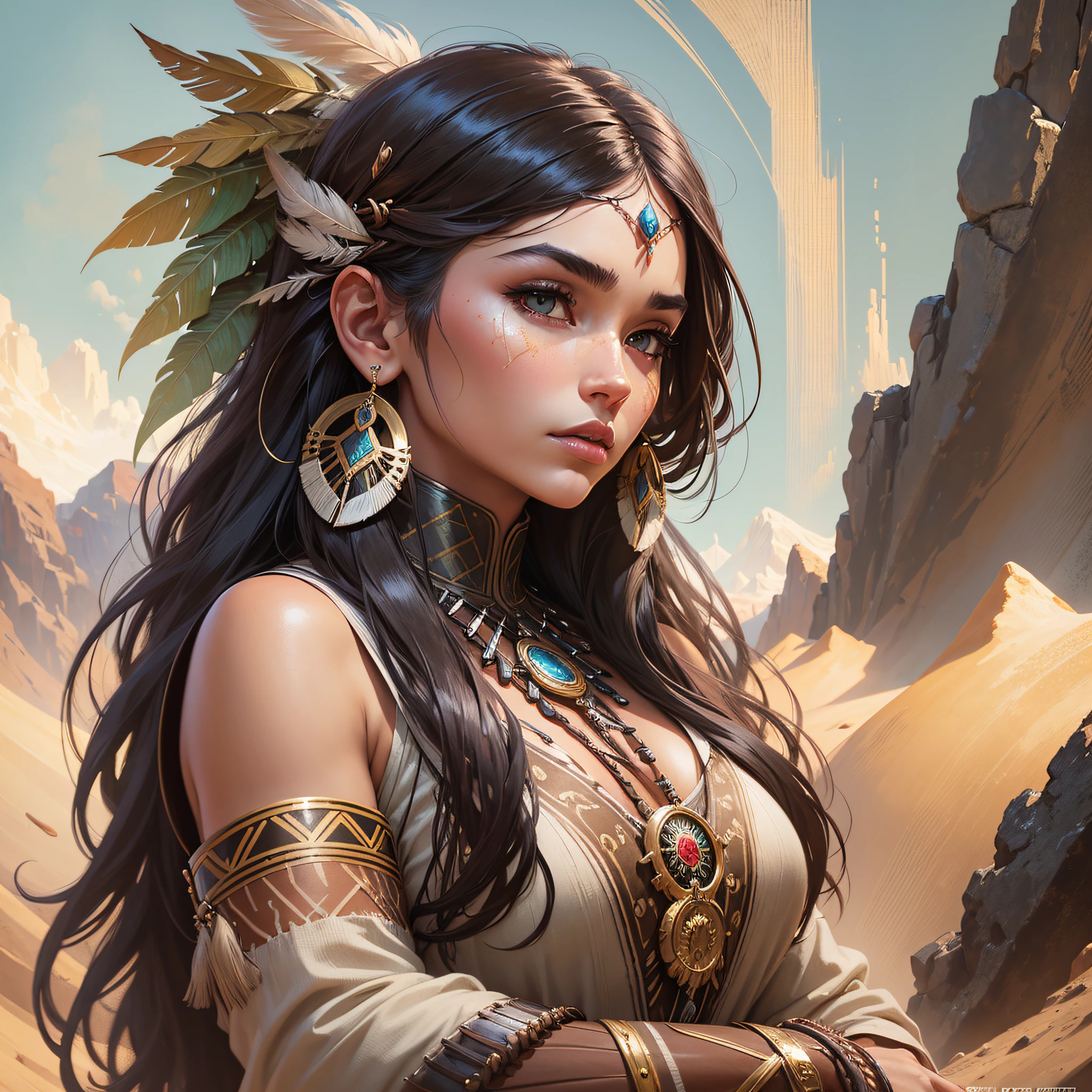 mdjrny-v4 style portrait photograph of Madison Beer as Pocahontas, young beautiful native american woman, perfect symmetrical face, feather jewelry, traditional handmade dress, armed female hunter warrior, (((wild west))) environment, Utah landscape, ultra realistic, concept art, elegant, ((intricate)), ((highly detailed)), depth of field, ((professionally color graded)), 8k, art by artgerm and greg rutkowski and alphonse mucha