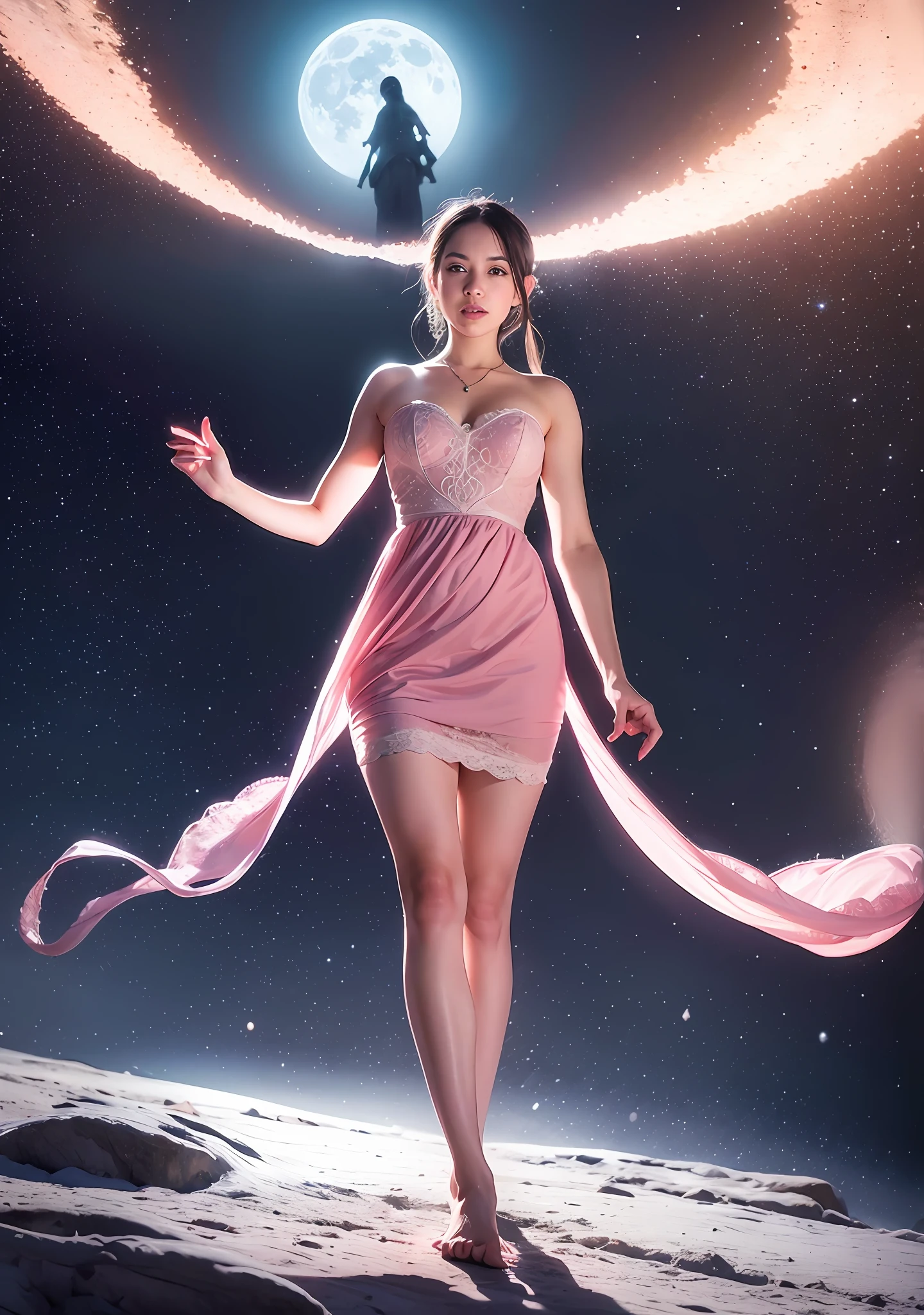As the moon gently sets above the sky, an enchanting snow lady in a flowing pink dress stands gracefully, emanating an aura of magic and wonder. The scene is in high-definition, capturing every intricate detail of her sparkling icy form and the mesmerizing colors of the sky. The viewer can't help but feel the allure of this enchanted moment, as if they have stepped into a fairytale realm. The photograph is a testament to the skill and artistry of the photographer, whose name is cherished in the world of magical photography - By Photographer Name.
