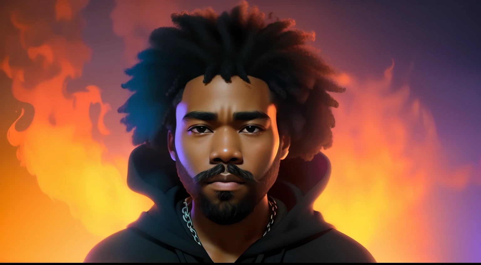 Man with beard and hood in front of a fire, homem negro com cabelo afro, Donald Glover como Miles Morales, Album art, um homem negro com longos cabelos cacheados, um retrato do personagem, saturation 40, samurai com afro, Wakanda, (fire), retrato vfx altamente detalhado de, arte promocional, imagem promocional