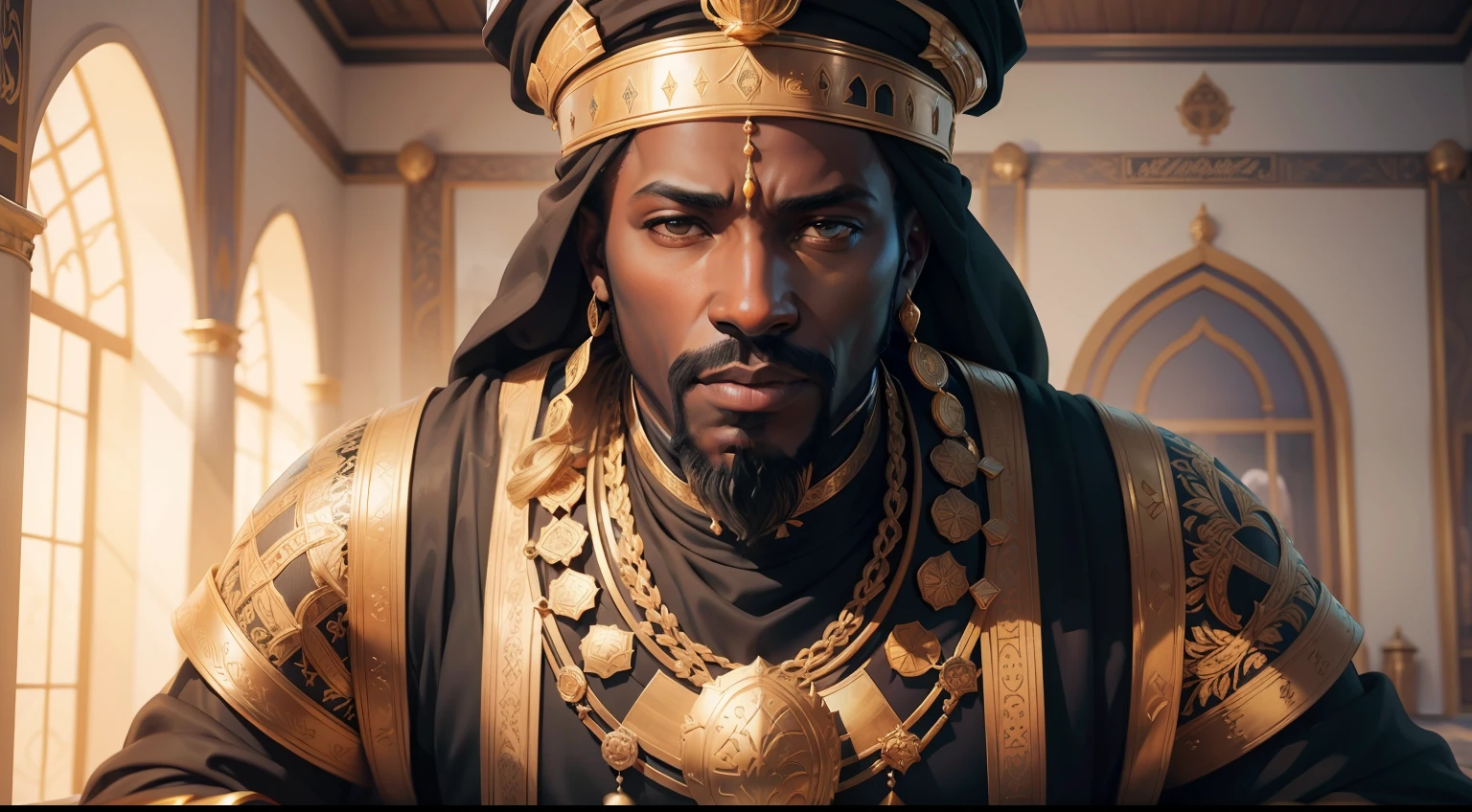 Black King , Mansa Musa, his palace behind in a blur ultrarrealista | |, altamente detalhado, hyper realistic, Perfect artwork, master part, melhor qualidade, alto, layered lighting -- 4K