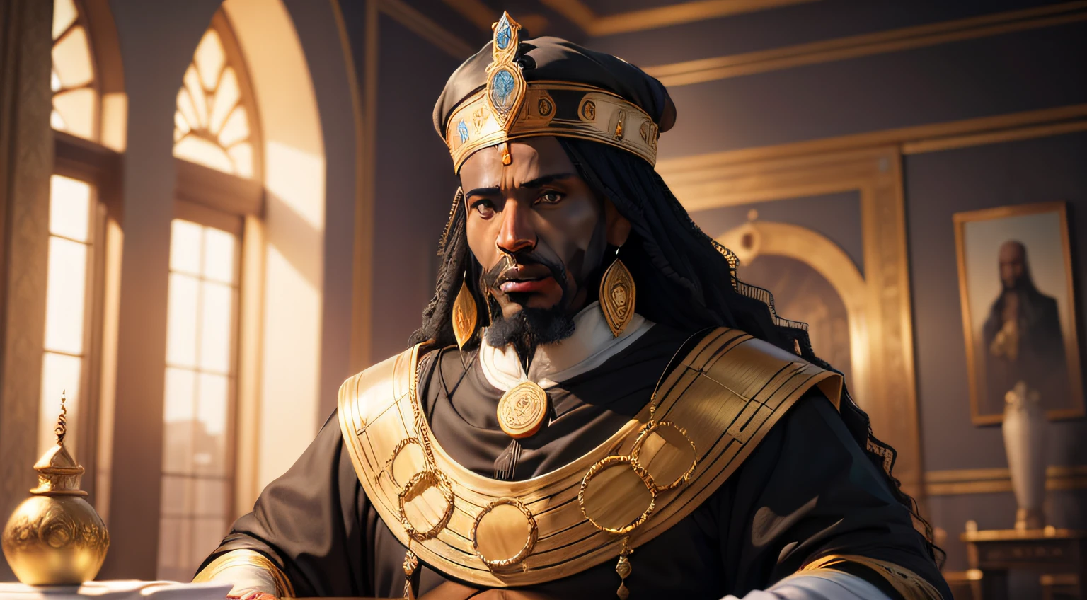 Black King , Mansa Musa, his palace behind in a blur ultrarrealista | |, altamente detalhado, hyper realistic, Perfect artwork, master part, melhor qualidade, alto, layered lighting -- 4K