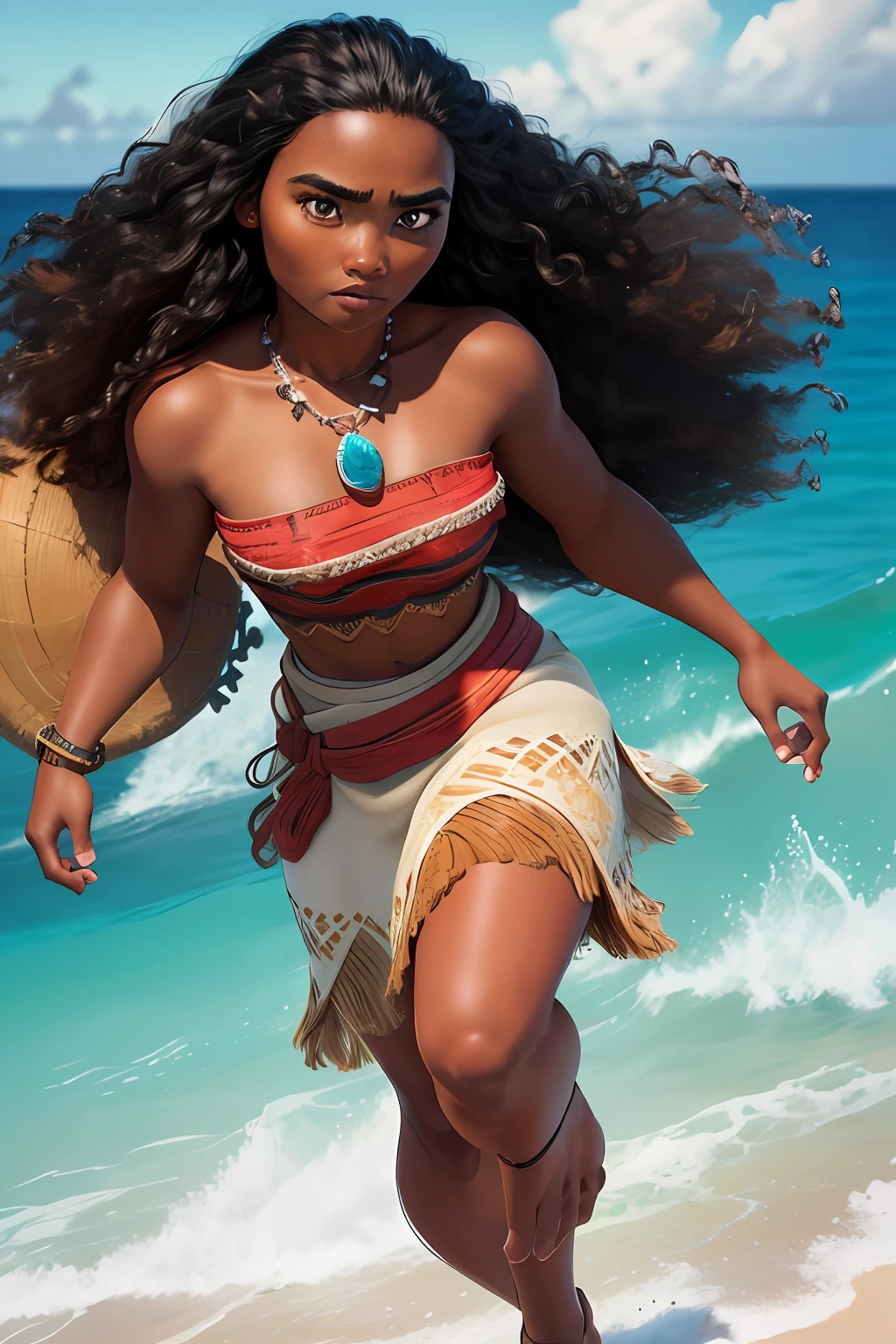 moana, 1girl, solo, long hair, black hair, bare shoulders, jewelry, upper body, dark skin, necklace, dark-skinned female, strapless, ocean  (masterpiece:1.2), (best quality), (ultra detailed), (8k, 4k, intricate),(full-body-shot:1), (highly detailed:1.2),(detailed face:1.2),(detailed background),detailed landscape, (dynamic angle:1.2), (dynamic pose:1.2),