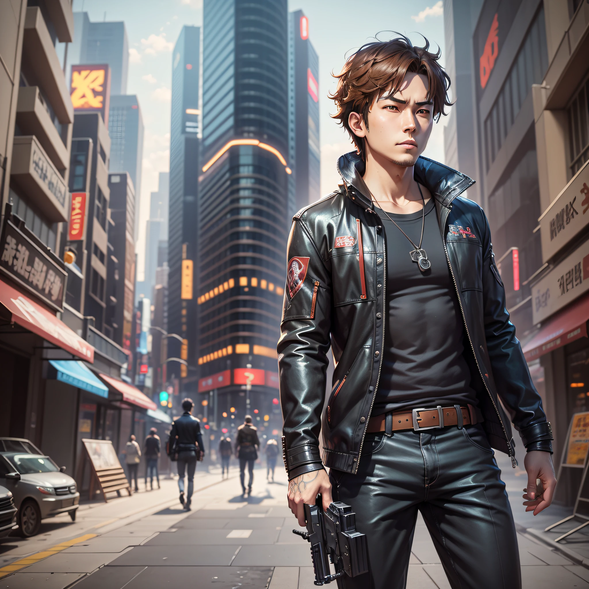 there is a man holding a gun in his hand, artwork in the style of guweiz, realistic anime 3 d style, hyper realistic anime, 3 d anime realistic, photorealistic anime man render, anime boy in real life, ross tran 8 k, photorealistic anime, masayoshi suto and artgerm, alena aenami and artgerm