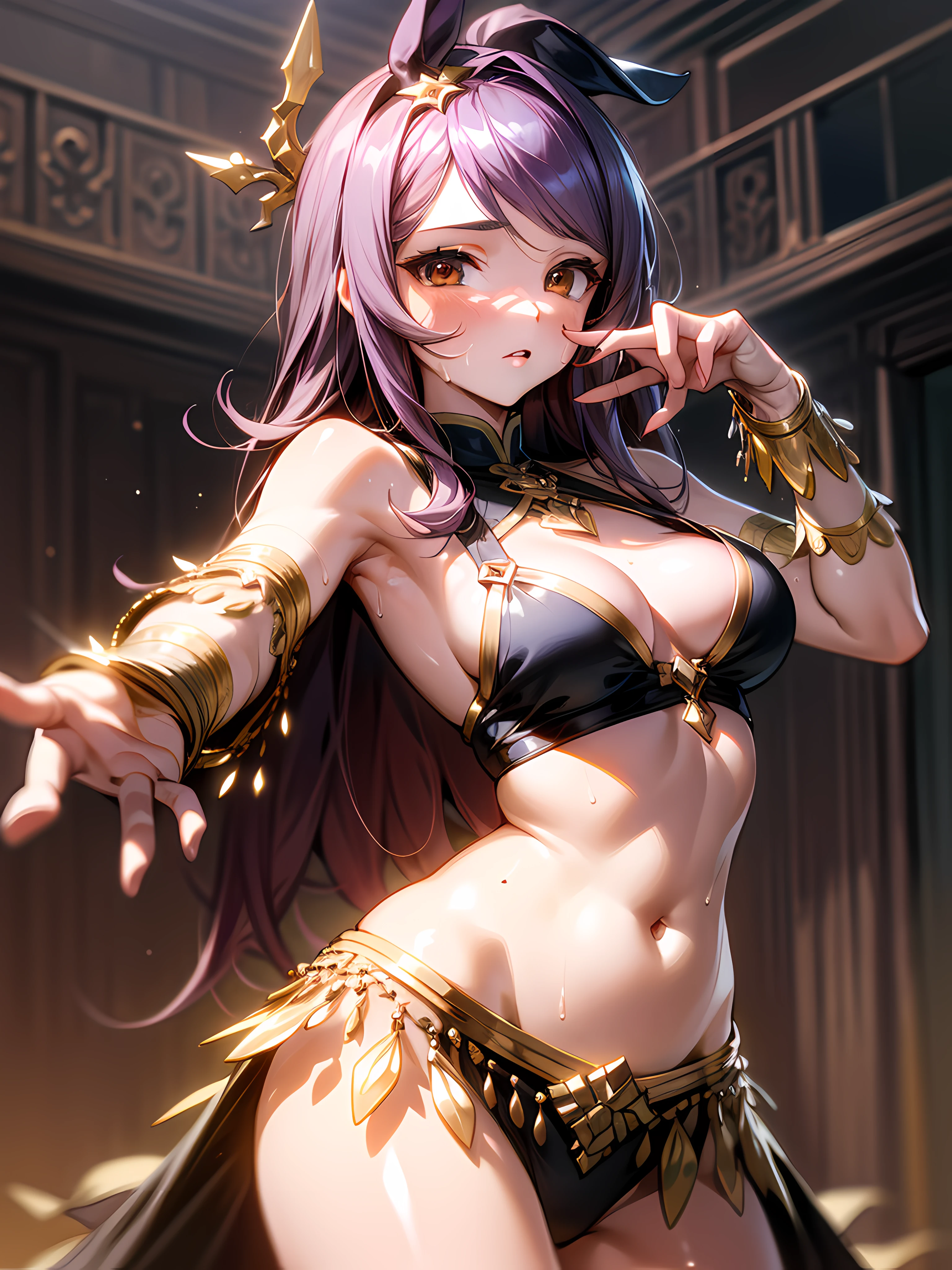 Mejiro Palmer \(umamusume\), (Masterpiece)), ((Best quality)), (Ultra-detailed), illustration, beautiful art, Artistic, Realistic, ((Unity 8k wallpaper)), Beautiful, ((超高分辨率)), well-composed, good art, scenery, Cinematic, Detailed skin, (Oily skin), Glossy glossy skin, Fine skin, Beautiful face, (Beautiful hair), (Beautiful brown eyes), hand with five delicate fingers, (Perfect anatomy), (correct limb), (Realistic), Medium breast, (A ), Midsummer, (Sweaty), (belly dance), Belly dance costumes, inns, Night style background,