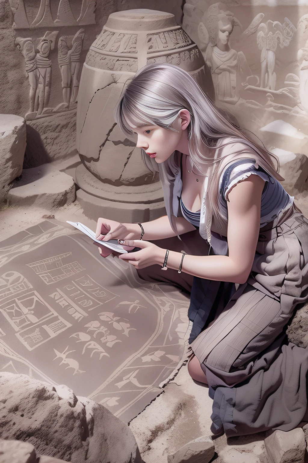 Female archaeologist in Alafed kneeling to examine murals in a cave,Black and white photograph of Knephameth written by Knephamus, ancient tomes, Styles of ancient texts, Sumerian, Etched inscription, Features of Sumer, ancientry, hyeroglyphics, Assyrian, runic inscriptions, hyeroglyphics, Old scripts, Emerald Tablet,At the ancient underground altar,Young female archaeologist investigating murals,detection,A detailed face,eye glasses,blonde  hair, Blunt bangs, hair over shoulder,Thin leg,skinny thigh,small tits,Blue eyes,Archaeologist's clothing,cute  face,