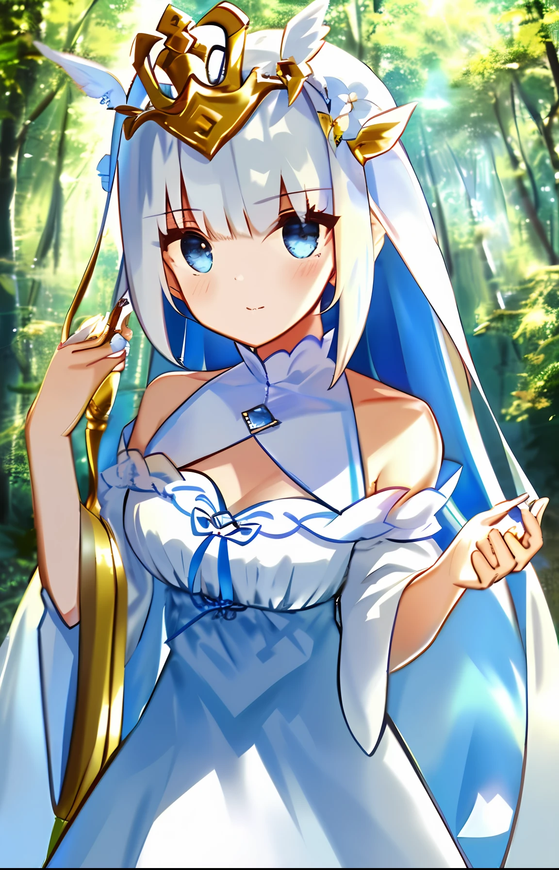 1girll, Head, face, Portrait, Eyes, Long hair, Bare shoulders , Upper body, Solo, Outdoors, White silk halterneck dress, Goddess. Princess, head gear, absurderes, Masterpiece, Best quality, Via T6