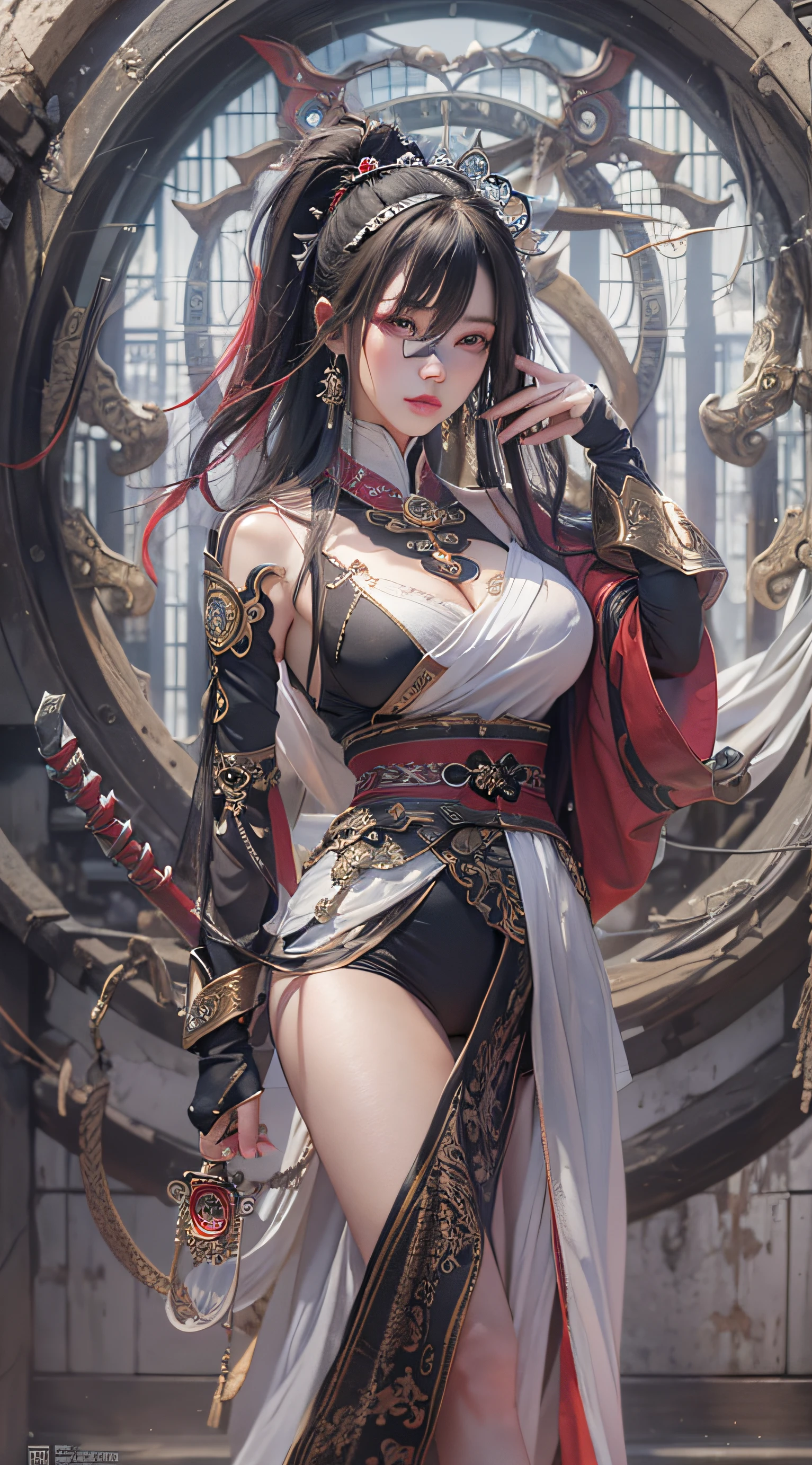 Best quality,masterpiece,ultra high res,(photorealistic:1.4),xiuxian,weapon,Detailed face, 1girl,solo,weapon,cleavage,(magic circle:1.2),xiuxian,upper body,Beautiful girl,full body,huge breasts,east asian architecture,sheath,architecture,
