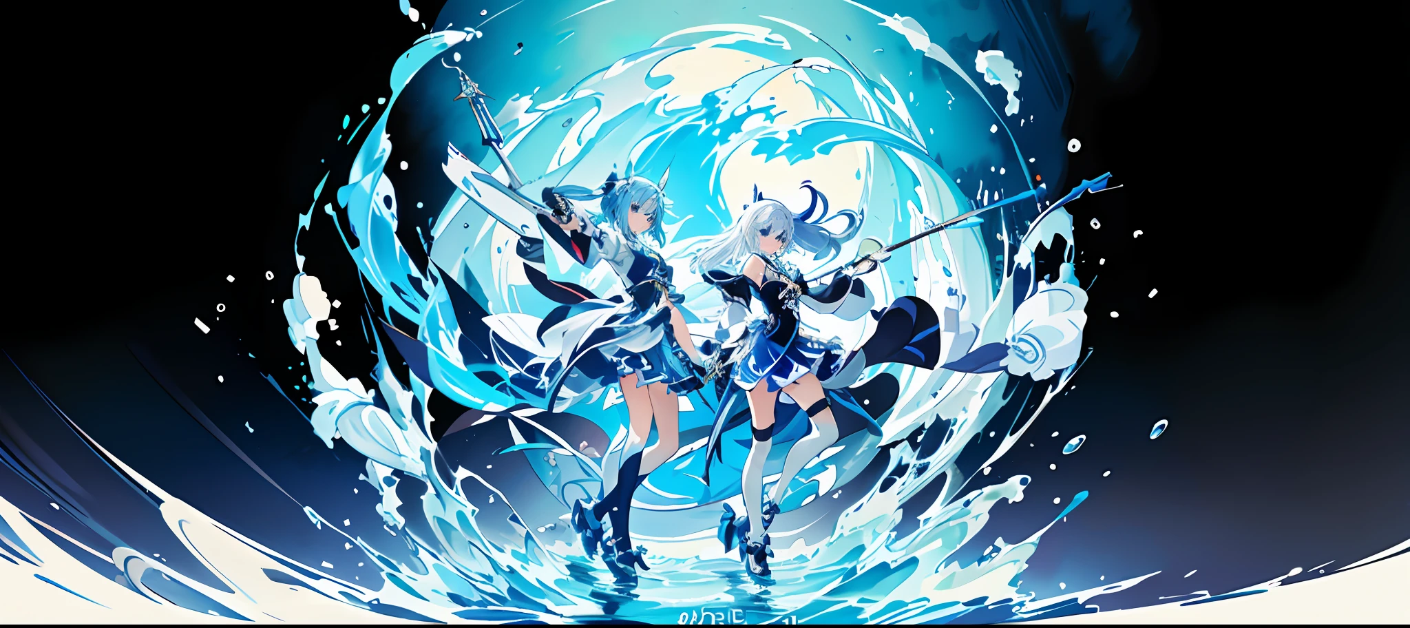 Anime characters with swords and fish in the blue ocean, Splash art anime Loli, wallpaper anime blue water, zerochan art, In the sea, Game art!!, trending on artstation pixiv, Anime fantasy illustration, Official Splash Art, high detailed official artwork, 2. 5 D CGI anime fantasy artwork, offcial art, Official artwork, Official illustration