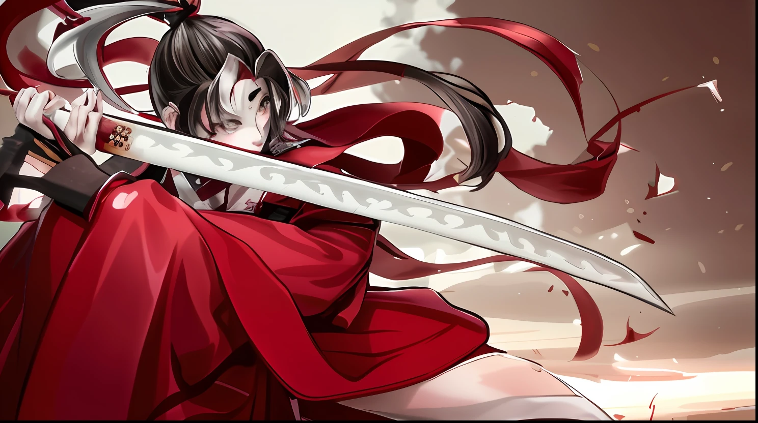 anime, a woman with a sword in her hand, with blood on her face, onmyoji detailed art, onmyoji, she is holding a katana sword, onmyoji portrait, katana, demon slayer artstyle, fox nobushi holding a naginata, artistic render of reimu hakurei, yandere, by Jin Homura