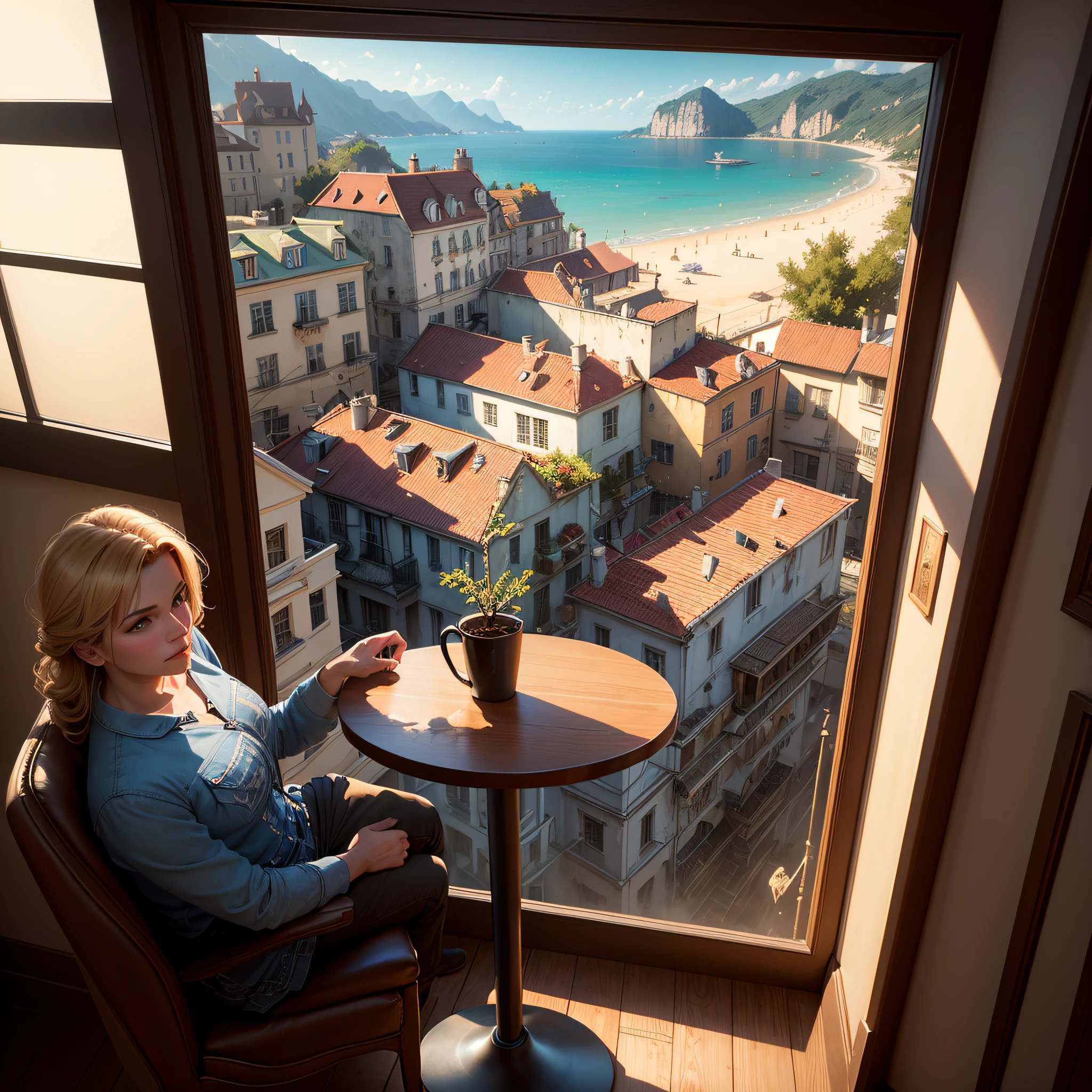 there is a table , inspired by Evgeny Lushpin, unreal engine, bizzarre theme, bizarre vista, realistic fantasy render, cozy café background, a photorealistic rendering, by Alexander Kucharsky, realistic scene, detailed bizarre view, bizarre view, highly detailed scene, sunny bay window, overlooking a bizarre view, by John La Gatta --auto --s2