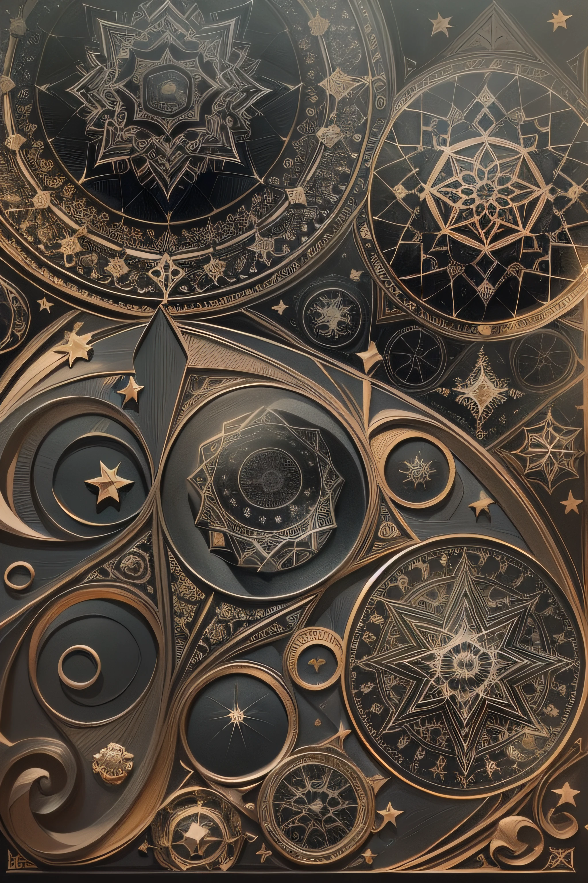 estrela de cinco pontas, magia, simetria, maths, renascentista, oil painting, 2d canvas, altamente detalhado, intricado, classic paint, black monochromatic, cristal, ornamentado, circles, Gothic ornament, graphic design