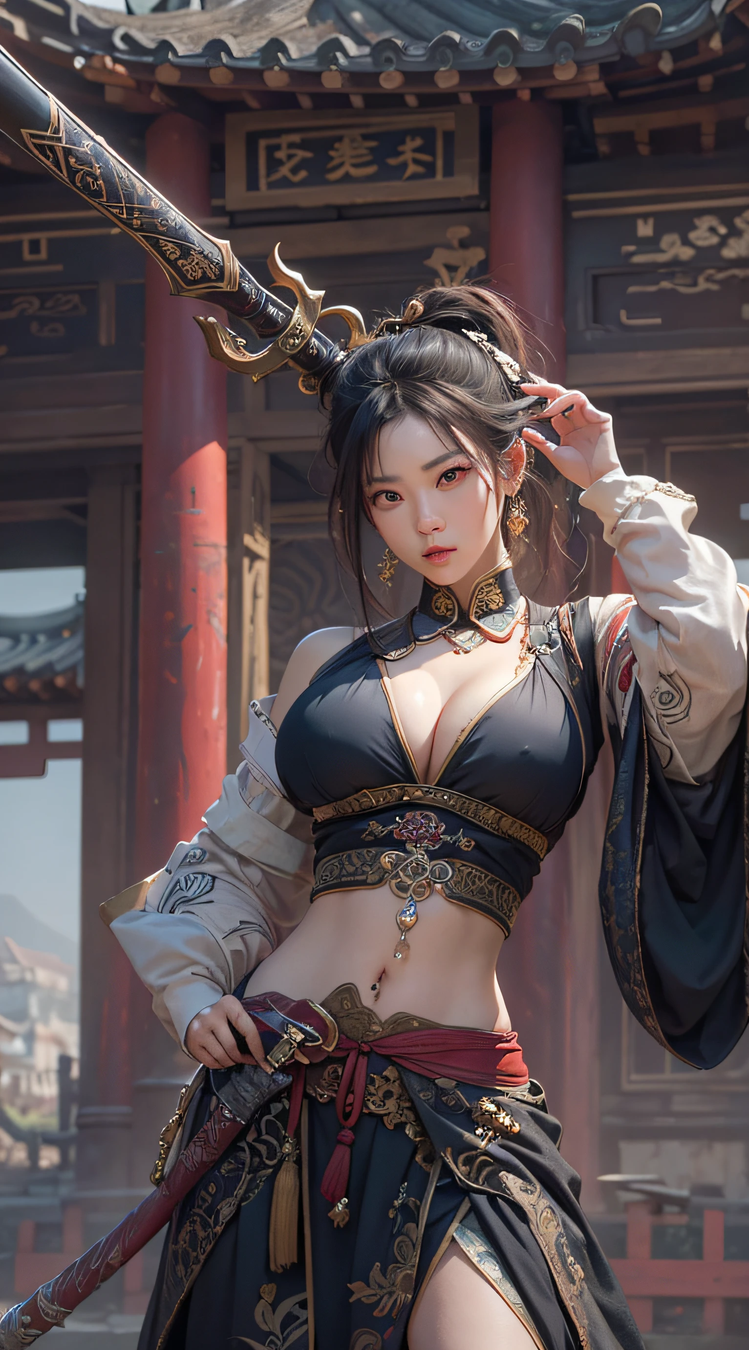 Best quality,masterpiece,ultra high res,(photorealistic:1.4),xiuxian,weapon,Detailed face, 1girl,solo,weapon,cleavage,(magic circle:1.2),xiuxian,upper body,Beautiful girl,full body,huge breasts,east asian architecture,sheath,architecture,