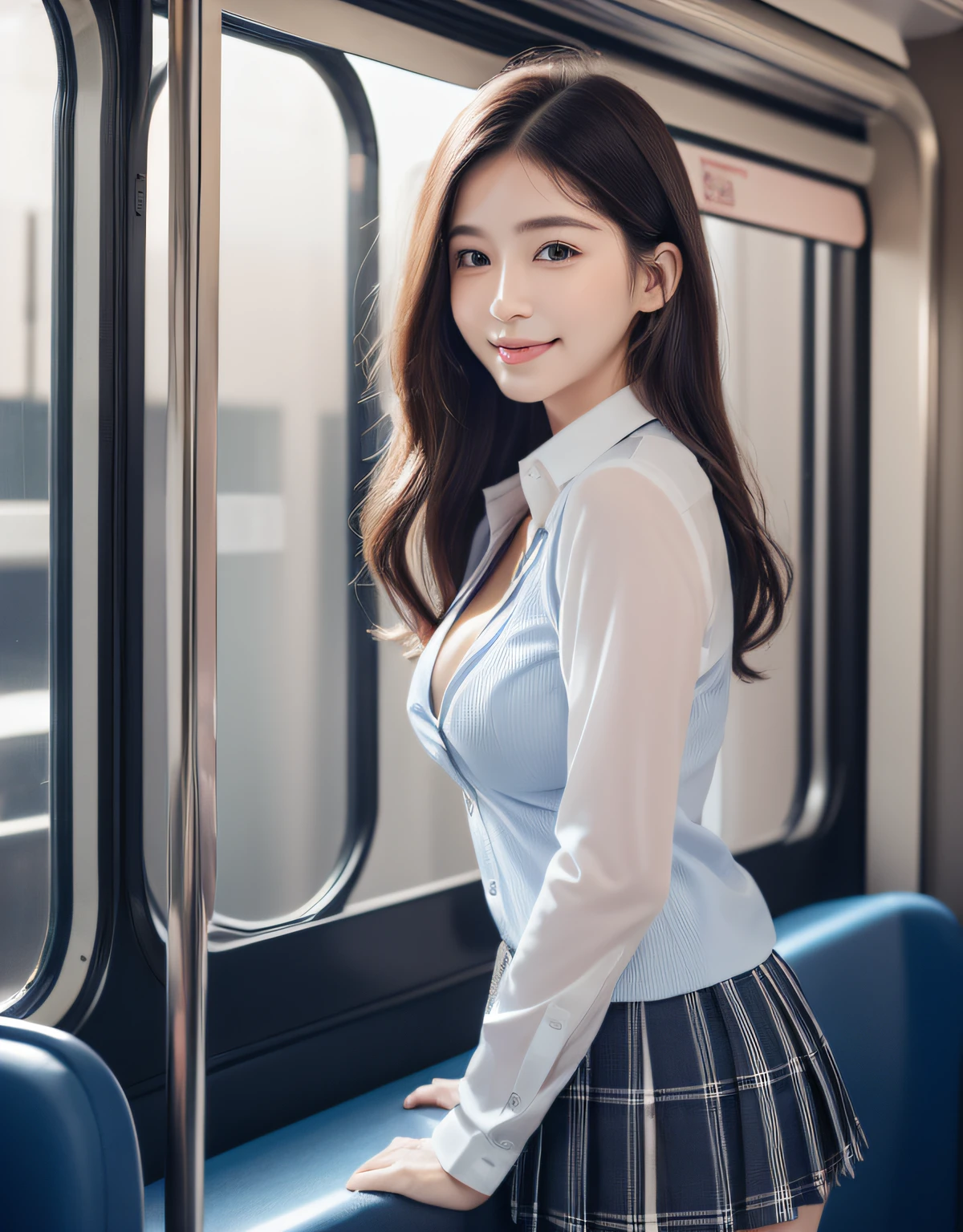 (((Night situation:1.5))), photorealistic, (8k, RAW photo, best quality, masterpiece:1.2), High detail RAW color photo, professional photograph, cowboy shot, (realistic, photo realistic:1.37), cinematic light, (finery detailed face:1.2), white skin, real human skin, (detailed face), oval face, pores, ultra high res, BREAK, thigh 1girl, (((look back:1.2), (thrust out one's hip:1.2))), very cute, very beautiful, photo realistic, Beauty event companion, 18-28 years old, curby:1.15, (medium-breast:1.37, cleavage:1.37), (looking straight at viewer with a serene and goddess-like happiness:1.2), (beautiful thin long hair, brown hair), (lifter gloss, eyelashes, gloss-face, best quality, ultra highres, Broad lighting, natural shading), BREAK, (seductive look, (school girl uniform:1.3, light-blue collared shirt:1.3, long sleeve, black box-pleats-skirt:1.3)), BREAK, ((shy, light smile:1.3, happy;1.3, closed mouth:1.3, blush, in heat, presenting)), BREAK, ((Night bus view:1.5, in the train, moody:1.5, night, star, starry, moody lighting:1.5, cinematic light)), ((sexy random posing:1.3)), blurry background, bokeh, depth of field, (cowboy shot:1.3), centered image, perfect anatomy, perfect proportion,