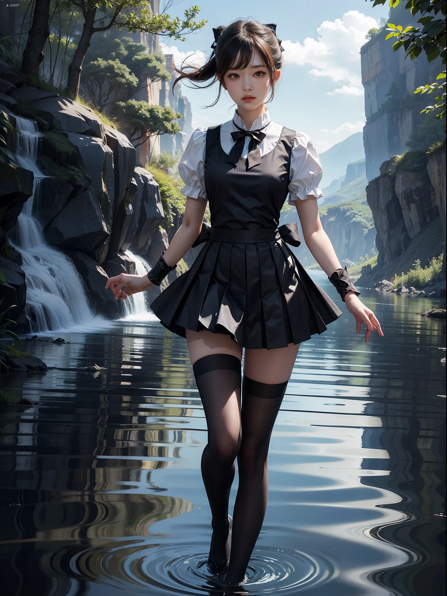 short- sleeved,Bow knot,short skirt,long leges,Water's Edge,Reflective art,blackstockings