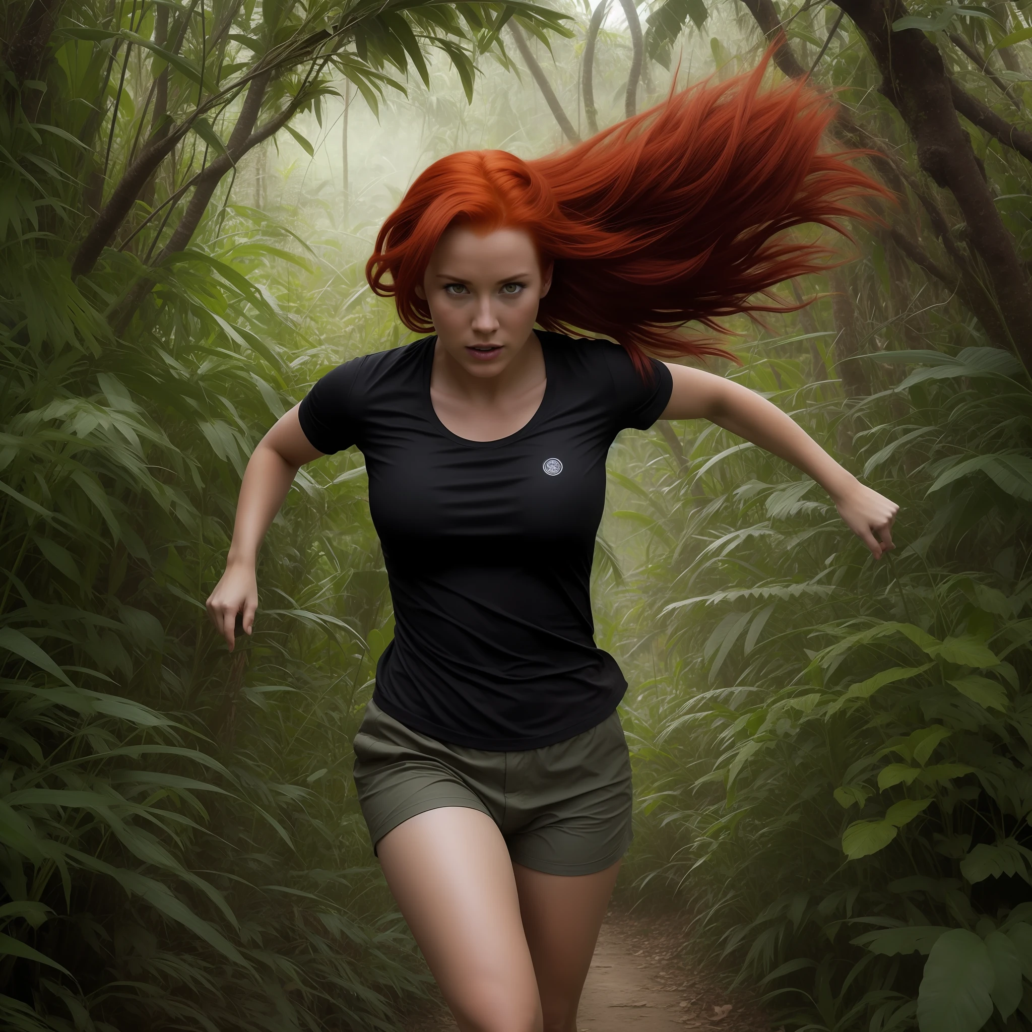 a woman with red hair running through the jungle, epic photo, photorealistic
