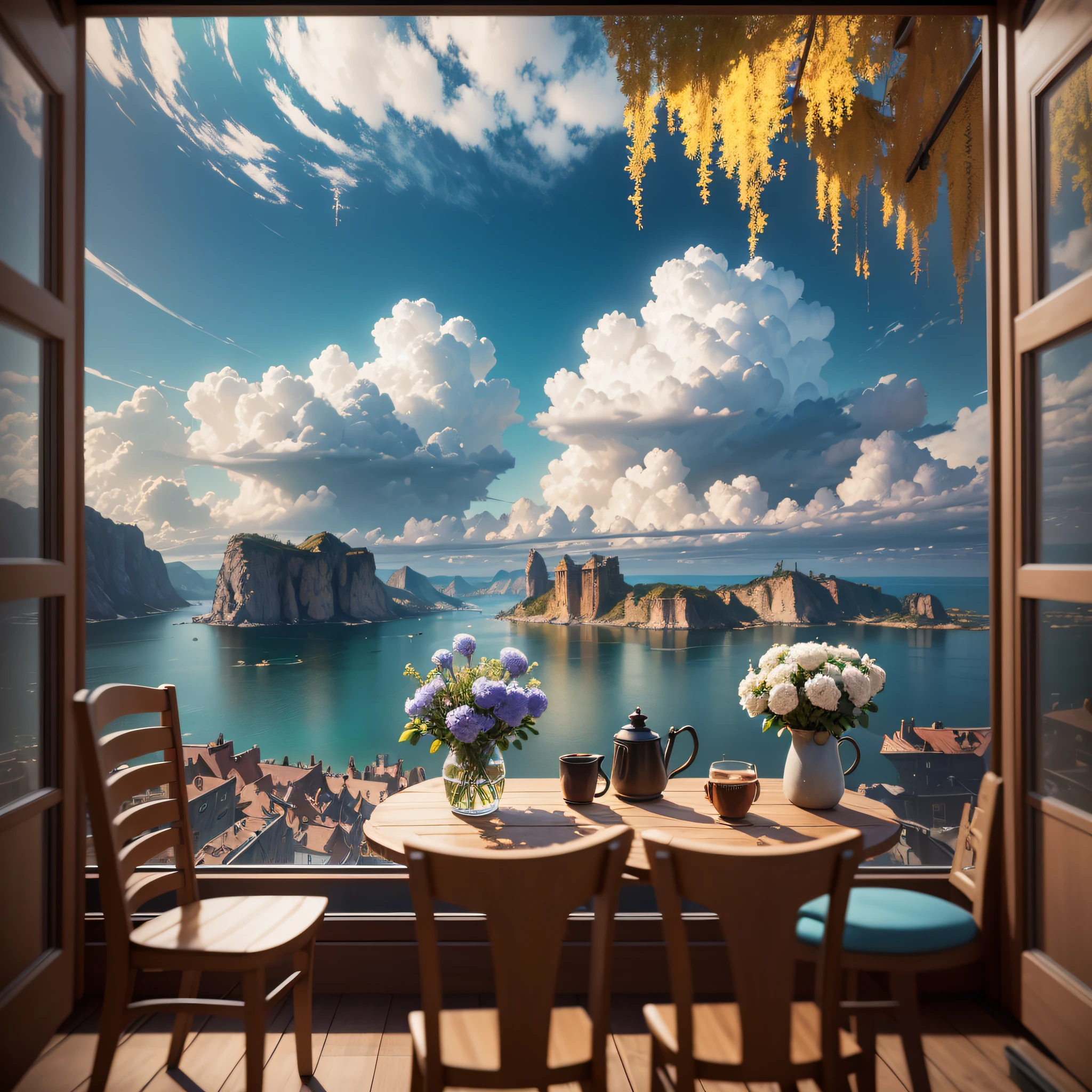 there is a table , inspired by Evgeny Lushpin, unreal engine, bizzarre theme, bizarre vista, realistic fantasy render, cozy café background, a photorealistic rendering, by Alexander Kucharsky, realistic scene, detailed bizarre view, bizarre view, highly detailed scene, sunny bay window, overlooking a bizarre view, by John La Gatta --auto --s2