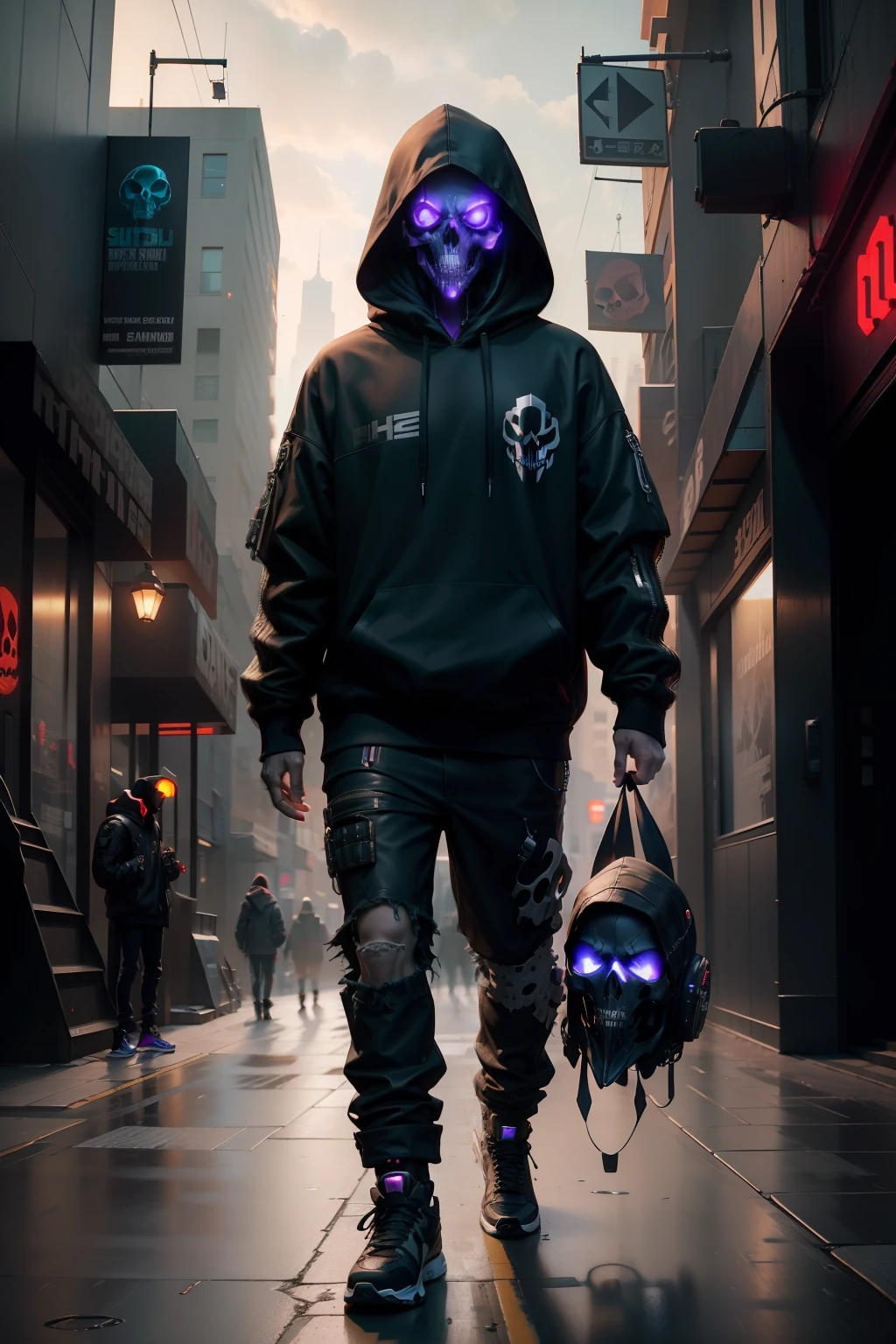 arafed skull in a hoodie and backpack walking down a city street, cyberpunk skeleton, hooded skull, portrait of a cyber skeleton, cyberpunk street goon, cyberpunk horror style, stylized urban fantasy artwork, cyberpunk style , hyperrealistic, hyper-realistic cyberpunk style, dark but detailed digital art, cyber skeleton, cyberpunk hacker, background artwork