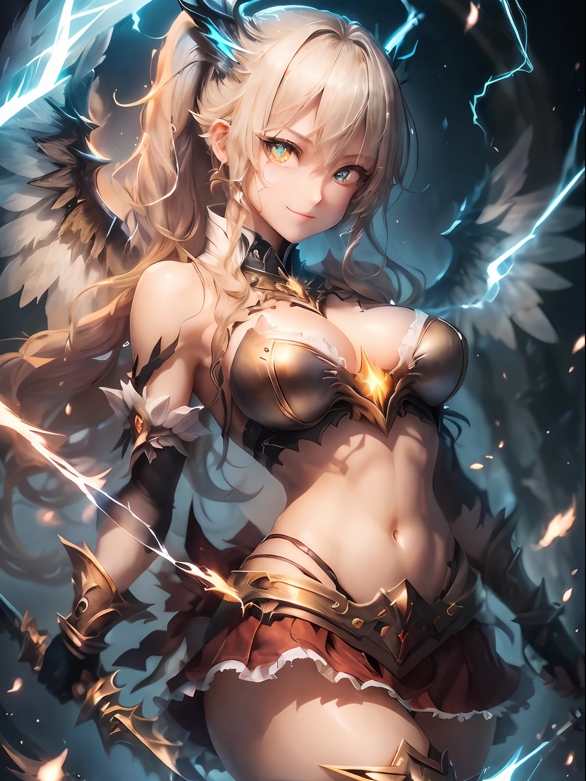 a blond。poneyTail。a miniskirt。耳Nipple Ring。demonic wings。barechested。Fallen Angel。Yami Ochi。Evil Sickness。Diabolical。youngest son。Witches。Luminous Eyes。huge smile。Large Kama Weapon。Lightning element。Thunder magic。Lightning weapons。(Award-winning digital works:1.3)(Sketched:1.3)、(Energetic:1.3)、cgsociety、art stations、(chroma:1.3)、(close portrait:1.3)、(femele:1.4)、(Beautiful fece:1.4)、(carismatic:1.3)、Elaborate Eyes、Studio Lighting、Theme Background。Luminous Eyes。Golden hair。lightning。lightning bolt。