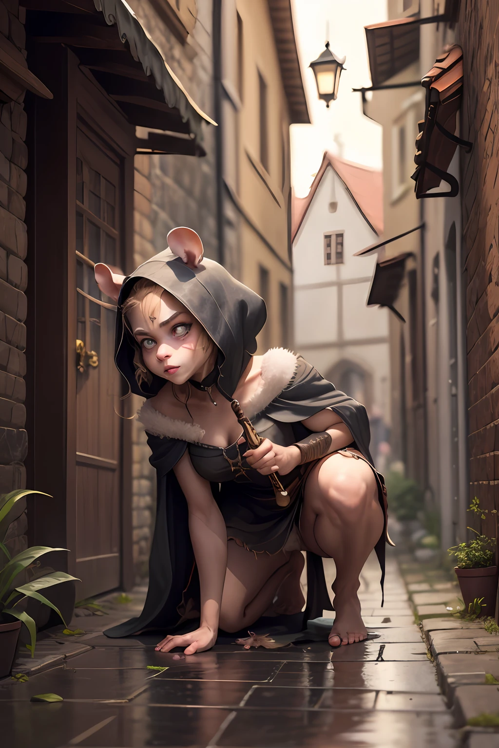 rat girl sneaking around, (masterpiece, highly detailed, 4K, 8K), rat girl, rat whiskers, rat ears, rat tail, brown fur, body fur, rat face, long face, dirty dress, teared dress, cloaked, barefoot, paws, medieval town, gutter, looking around, cautious, crouching, holding dagger, looking menacingly