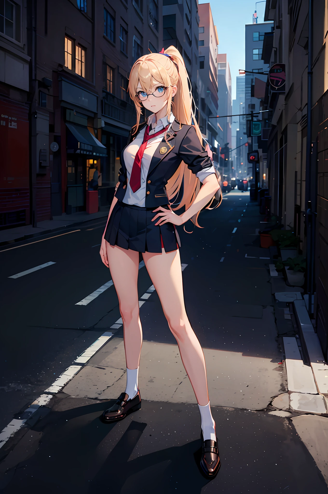 masterpiece, best quality, highres, 1girl, solo, high school uniform, bare legs, looking at viewer, light particles, city backdrop, perfect hands, perfect eyes, perfect legs, perfect arms, perfect fingers, blonde hair, blue eyes, medium breasts, long hair, standing, hands on hip, closed fists, hair down, glasses, ponytail, matching socks, full body,