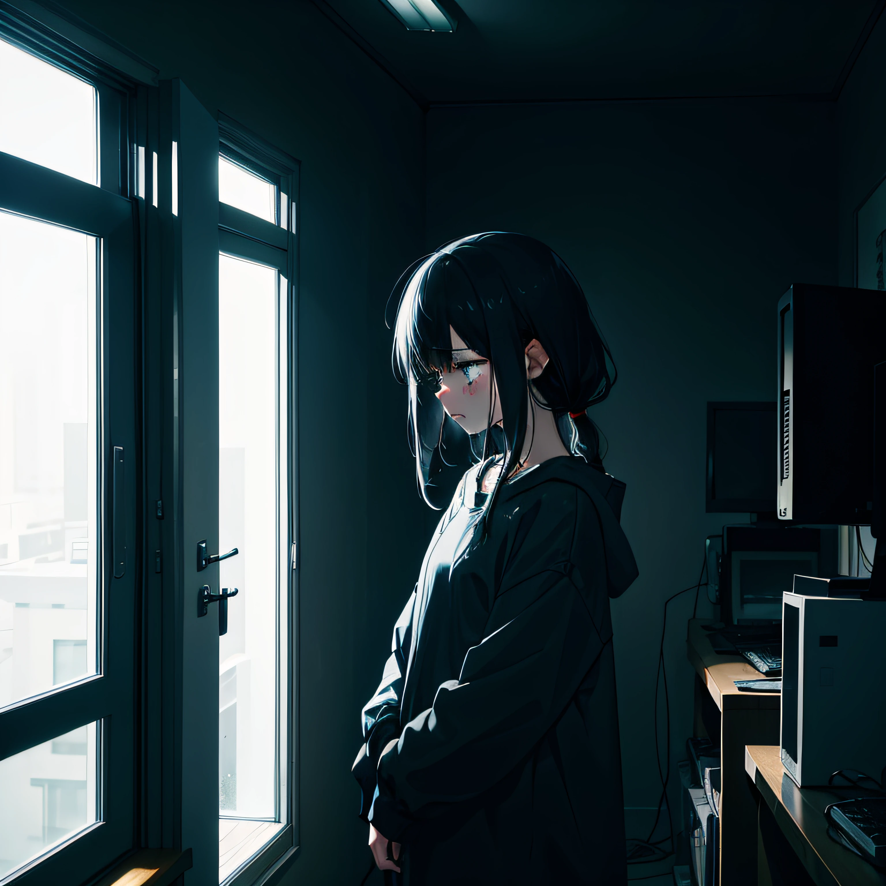 Sad anime girl, crying in a dark room, Dark tones, in baggy clothes, The light in the room is only from the computer screen