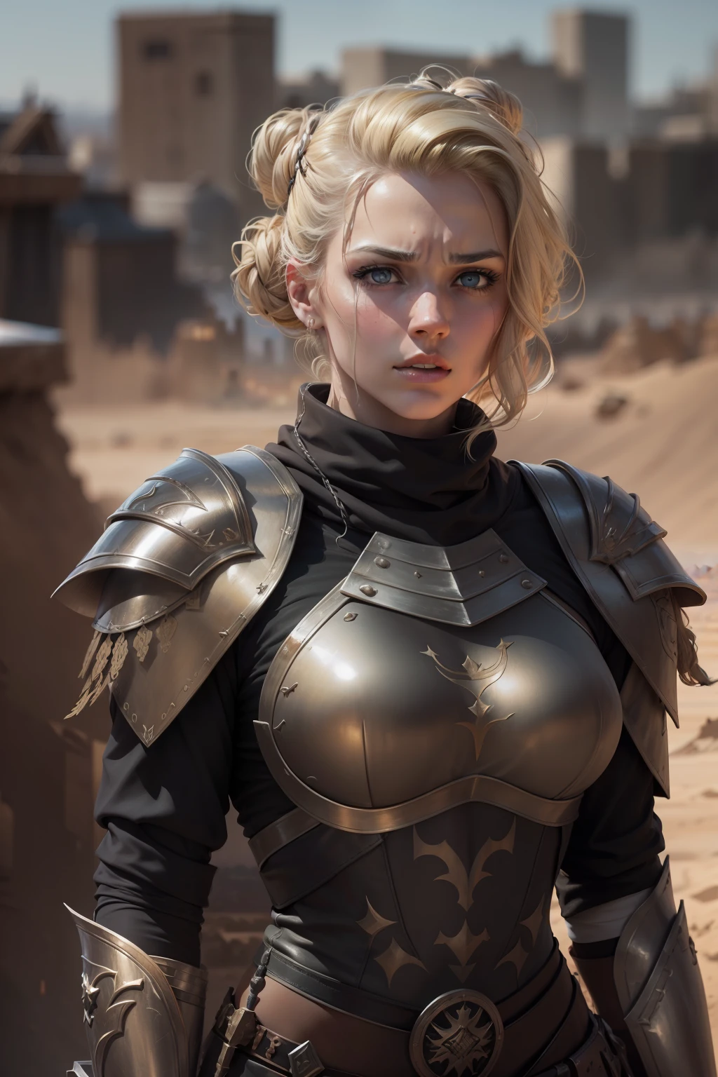 realistic image of a beautiful blonde woman, light eyes, strong, head in a bun, dressed in black rpg warrior outfits with silver shoulder pads, worried expression, standing on top of a building in a brown desert city