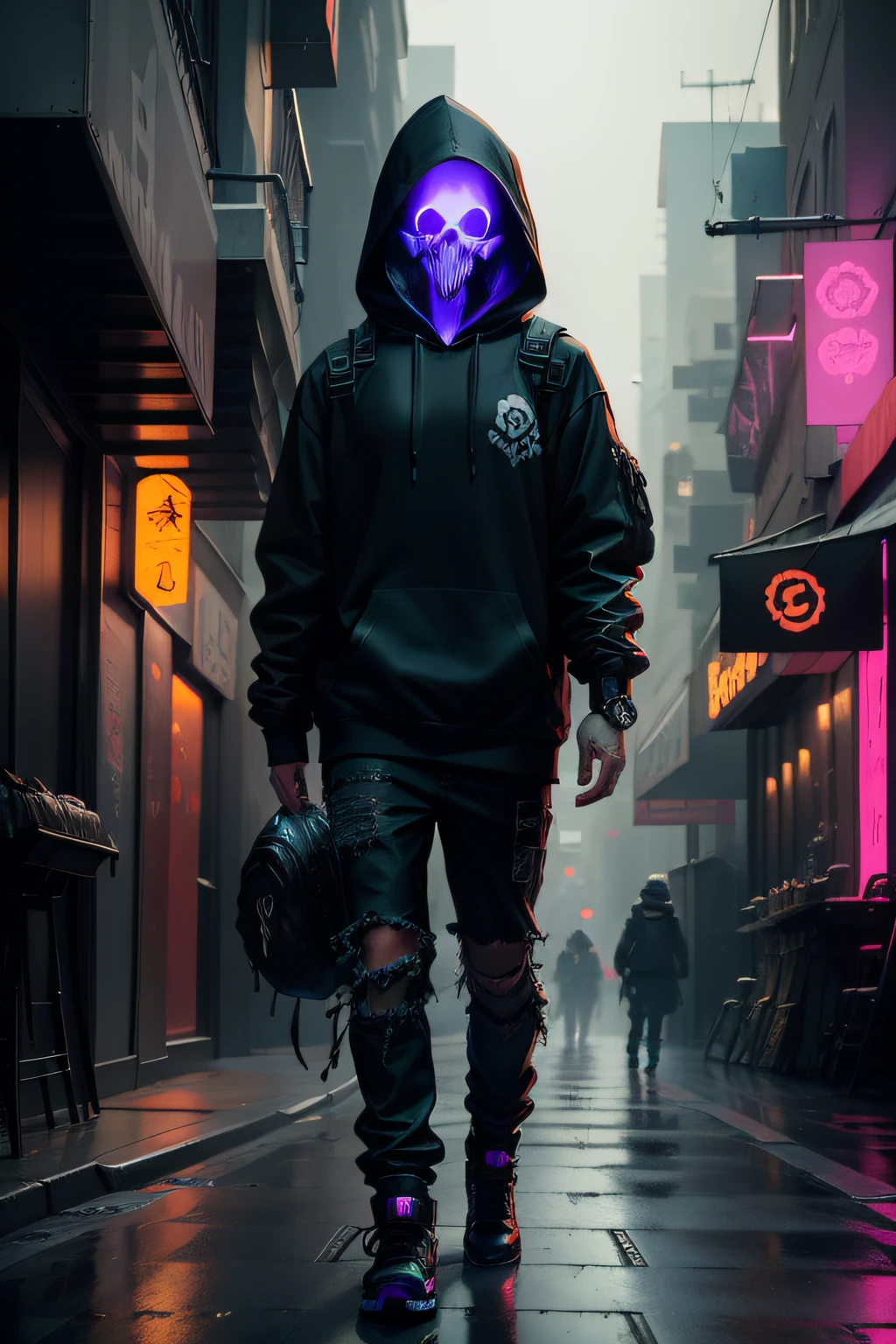 arafed skull in a hoodie and backpack walking down a city street, cyberpunk skeleton, hooded skull, portrait of a cyber skeleton, cyberpunk street goon, cyberpunk horror style, stylized urban fantasy artwork, cyberpunk style , hyperrealistic, hyper-realistic cyberpunk style, dark but detailed digital art, cyber skeleton, cyberpunk hacker, background artwork