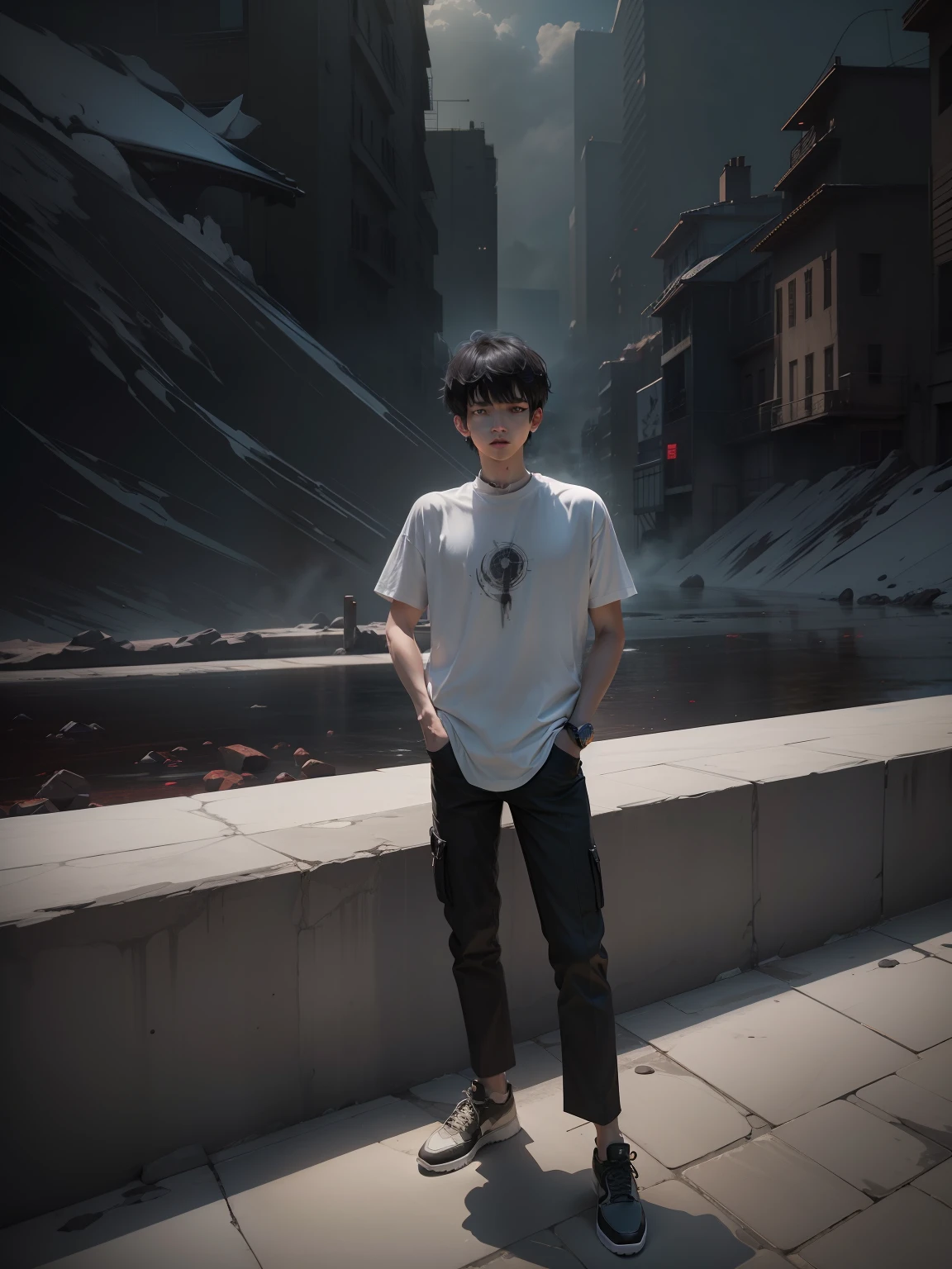 kk, best quality, more details, masterpiece, kaneki ken, 1boy, male focus, solo, heterochromia, black background, bangs, red eyes, grey eye, short hair, shirt, hand up, white hair, collared shirt, nail polish, black shirt, parted lips, looking at viewer, upper body, teeth, black nails, luxurious, 8k, detailed, ray tracing, depth of field, cinematic lighting, blood,