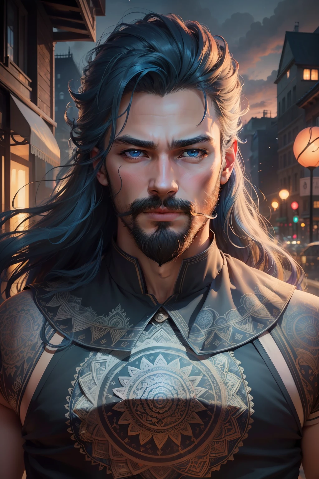 (masterpiece, best quality, ultra-detailed, highres, best illustration),perfect face, ((solo, solo focus)),sidelighting, lustrous skin,(shine), ray tracing, 1boy, male focus, solo, facial hair, beard,  blue hair, blue eyes , long hair, closed mouth, mustache, shirt, wind swept hair, detailed hair, detailed face, ,depth_of_field,very detailed background,extreme light and shadow,(detailed eyes) , perfect anatomy, (zentangle, mandala, tangle, entangle), dynamic angle, wide shot, upper body, city scape, extreme light and shadow, night sky
