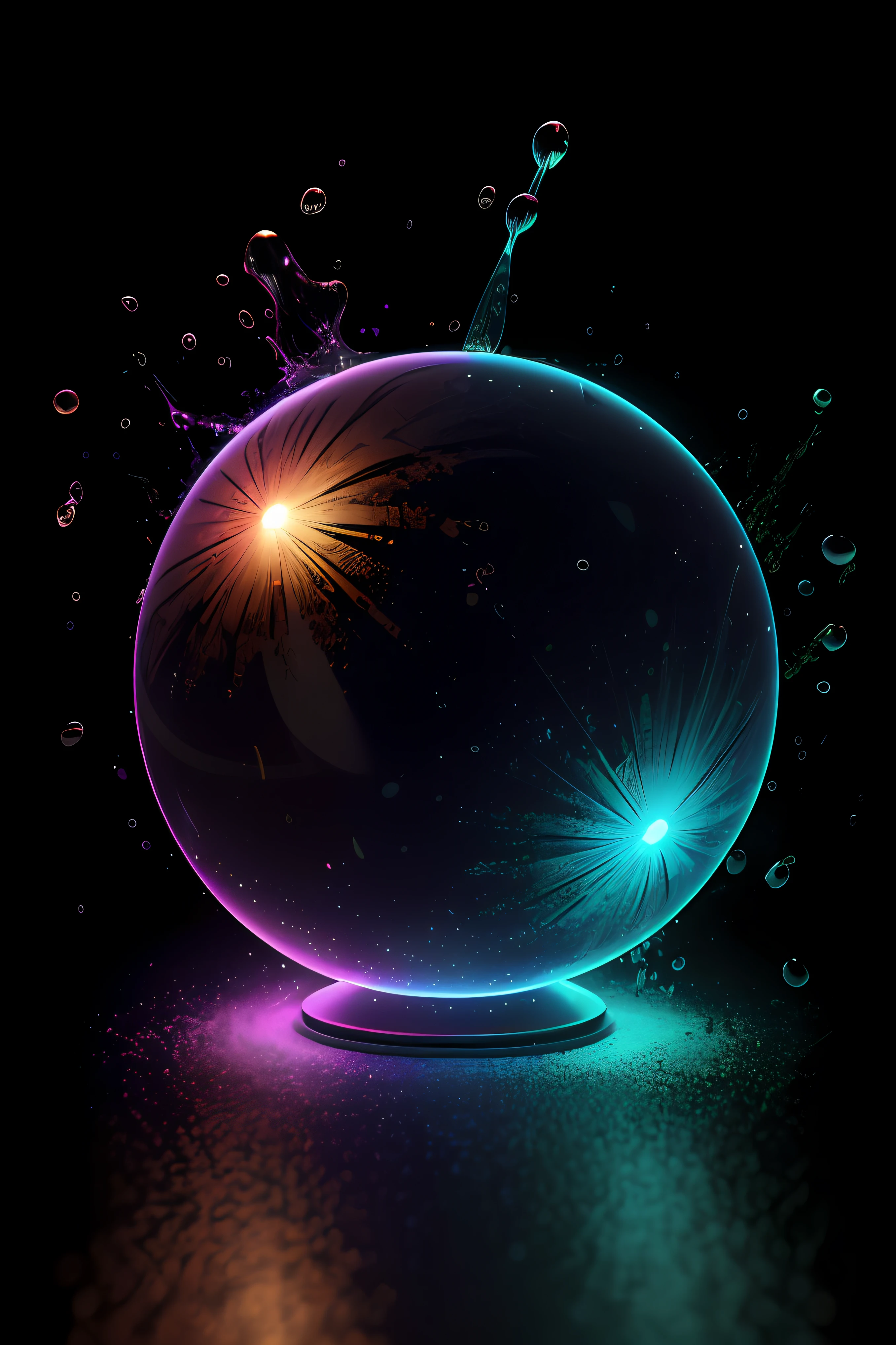 Arafed image of a glowing orb with water splashing from it, esfera brillante, Render de octanaje colorido, Bola de cristal, globo de plasma, bola de cristal, Cinema 4D render colorido, magical glowing sphere in midair, esfera de vidrio, translucent sphere, esfera brillante, esfera, light particules, Fondo de pantalla AMOLED, Brillante Neon Vray, Greg Rutkowski. Renderizado de octanaje (Alberto Severo art, Agregar muchos efectos de gotas y salpicaduras multicolores) Hay una bola de colores flotando y salpicando agua muchas salpicaduras y gotas muticolores, Super renderizado en octanaje renderizado, Renderizado en Cinema 4D, Renderizado en Cinema4D, creado en octane render, Render de octanaje colorido, renderizado en renderizado de octano, global ilumination. VFX, Renderizado en octanaje renderizado 32K, Renderizado en Cinema 4 D Octane, Incredible octane rendering, Realistic octane rendering Close-up fantasy with water magic, movimiento, salpicaduras, gotas, (Vista de primer plano ) , cinematography lighting, efecto de luces led multicolores en el agua de la piscina, salpicaduras multicolores, gotas multicolores, Alberto Seveso Arte, 8k, ultra-high def, no borroso, Texturas, 3d, cinematic landscape