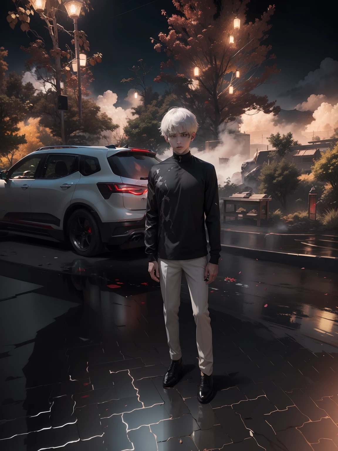 kk, best quality, more details, masterpiece, kaneki ken, 1boy, male focus, solo, heterochromia, black background, bangs, red eyes, grey eye, short hair, shirt, hand up, white hair, collared shirt, nail polish, black shirt, parted lips, looking at viewer, upper body, teeth, black nails, luxurious, 8k, detailed, ray tracing, depth of field, cinematic lighting, blood,