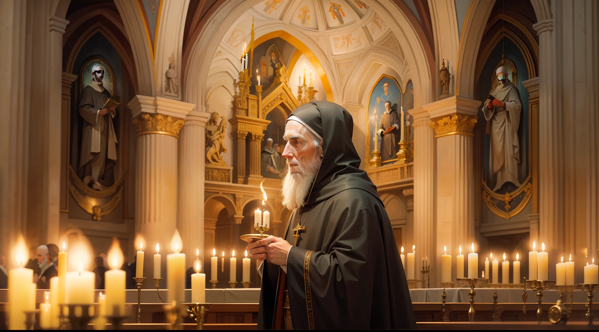[Uma pintura realista de St. Benedict with detailed and perfect face inside a candlelit church]
