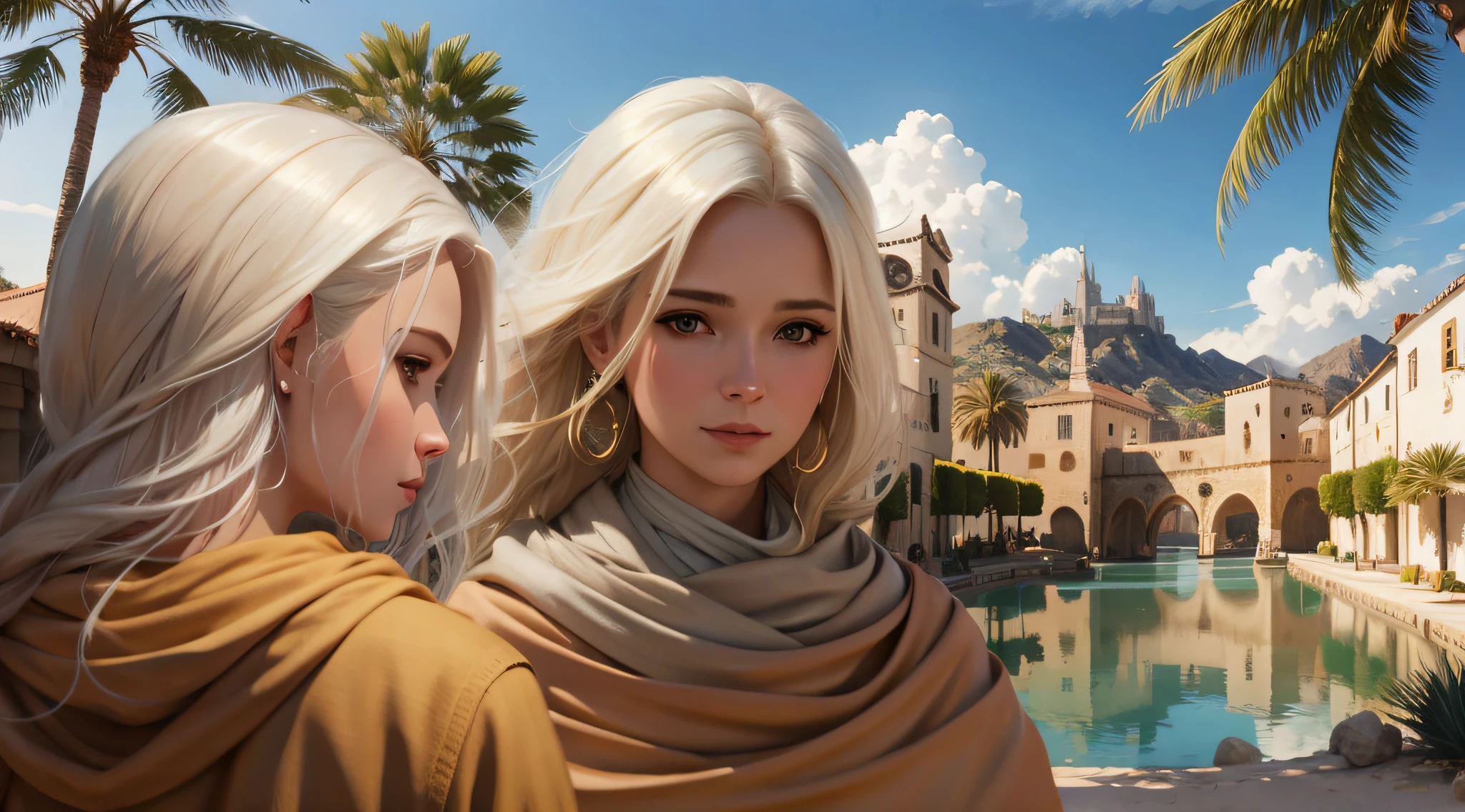 Blonde haired woman with white hair and a scarf looking at another woman, Arte no estilo de Guweiz, inspirado em Magali Villeneuve, Neoartcore e Charlie Bowater, Artgerm e Atey Ghailan, Charlie Bowater e Artgeem, Graphic artist Magali Villeneuve, arte do personagem charlie bowater, Magali Villeneuve e Monet
