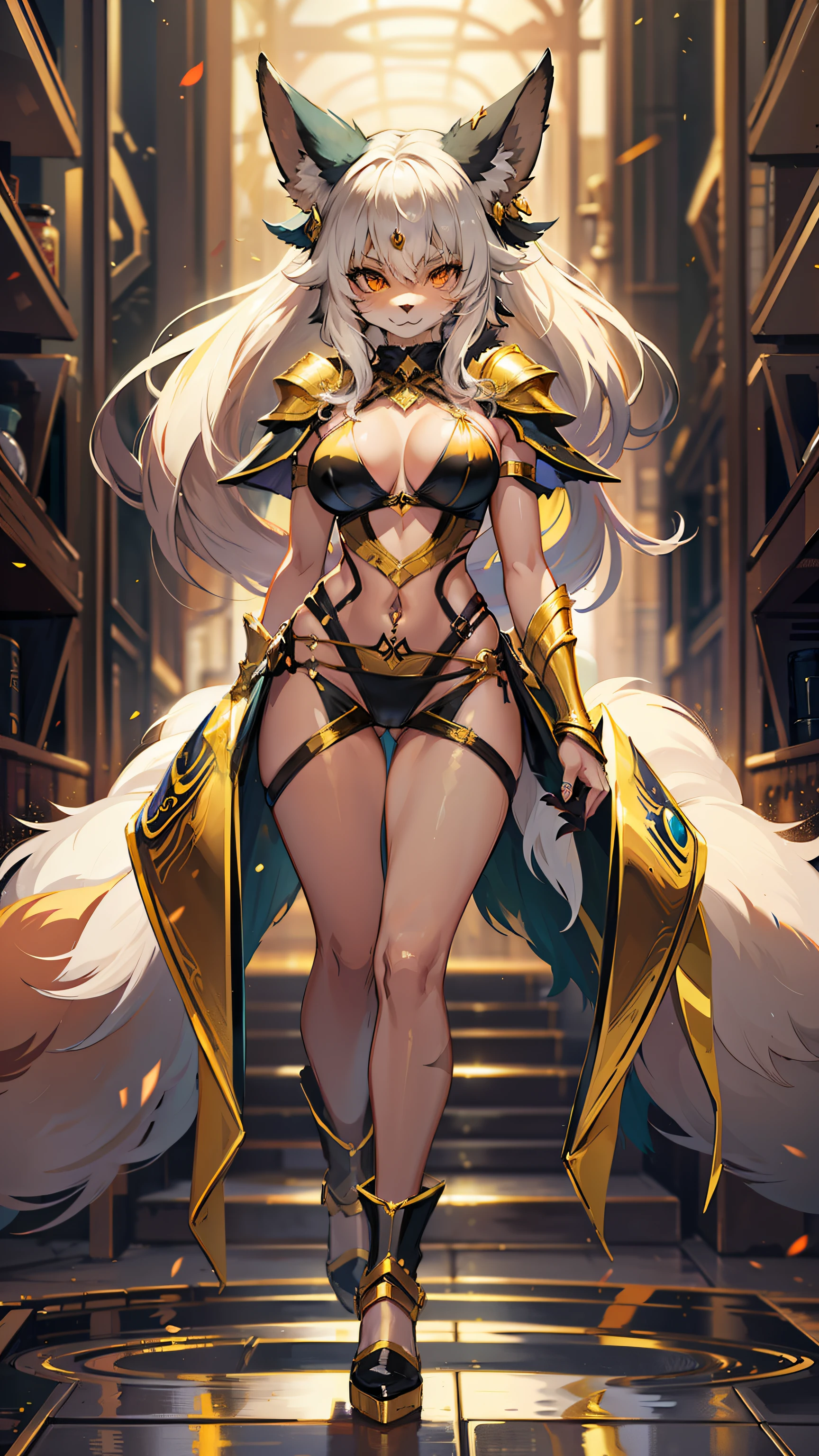 Hot Sexy Furry Fox Girl wear Gold Bikini Armor with Darkness Aura, Full Body