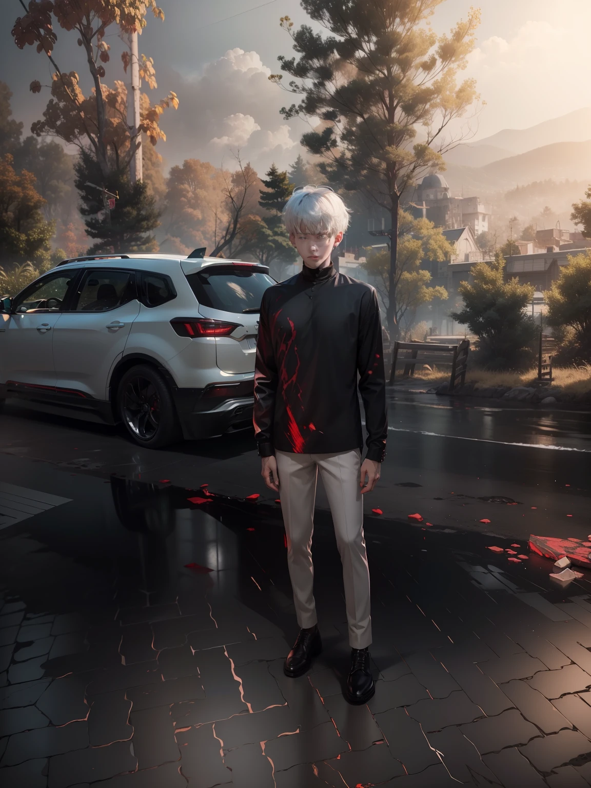 kk, best quality, more details, masterpiece, kaneki ken, 1boy, male focus, solo, heterochromia, black background, bangs, red eyes, grey eye, short hair, shirt, hand up, white hair, collared shirt, nail polish, black shirt, parted lips, looking at viewer, upper body, teeth, black nails, luxurious, 8k, detailed, ray tracing, depth of field, cinematic lighting, blood,
