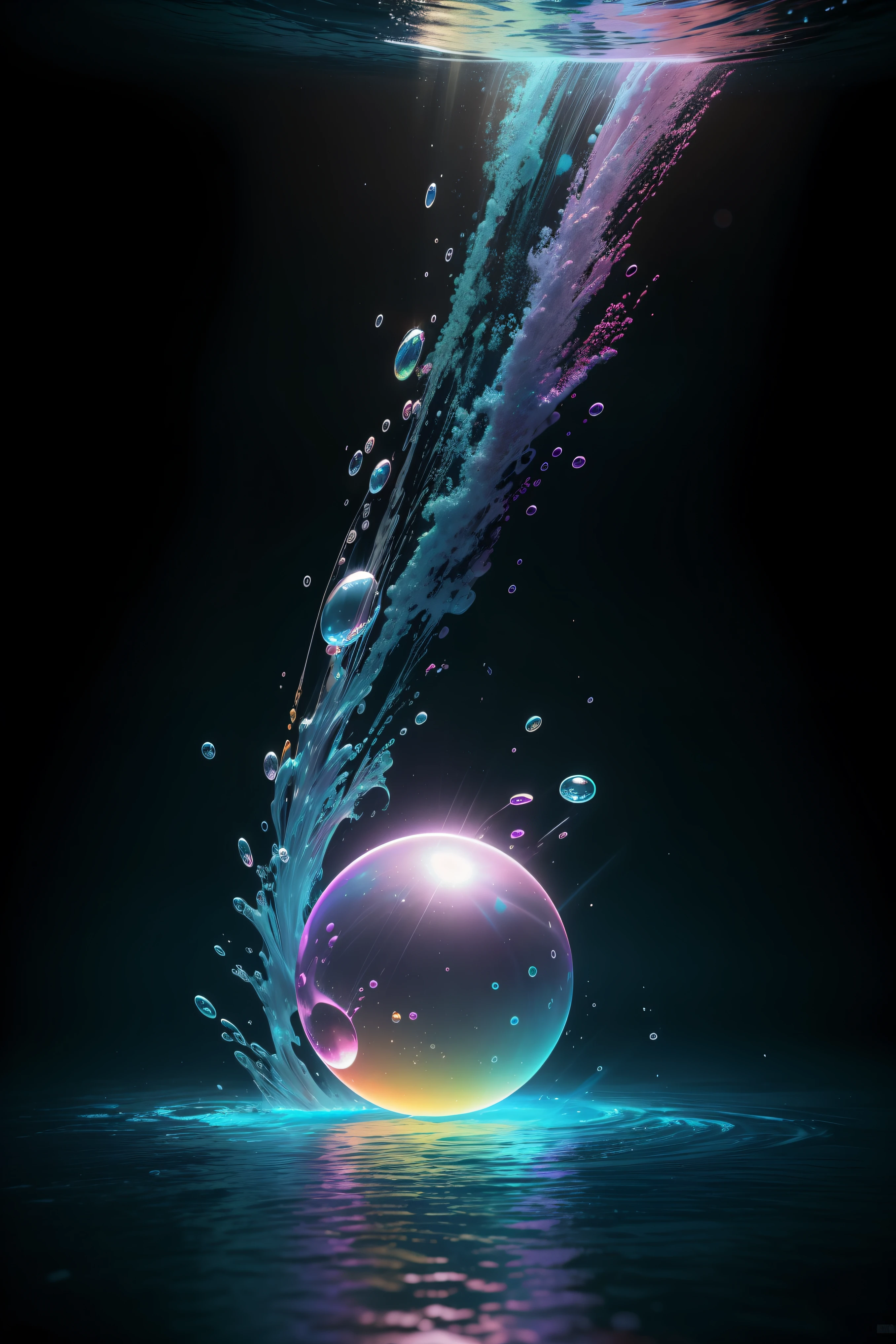 Bola de colores brillantes flotando en una piscina con un fondo azul, volumetric light ， surrealista, flota bajo el agua en el mar, Underwater volumetric lighting, oil painting a bigger splash, Volumetric rainbow illumination, Pool caustics, octanaje render un arco iris solitario, Underwater explosion, Surrealista 3D render, Renderizado de octanaje hiperrealista, Renderizado de octanaje hiperrealista, Renderizado en POV - Ray, close-up fantasy with water magic, movimiento, , salpicaduras, gotas, (Vista de primer plano ) , cinematography lighting, efecto de luces led multicolores en el agua de la piscina, salpicaduras multicolores, gotas multicolores, Alberto Seveso art, 8k, ultra-high def, no borroso, Texturas, 3D, cinematic landscape, Fondo de pantalla AMOLED, Brillante Neon Vray, Greg Rutkowski. Renderizado de octanaje (Alberto Severo art, Agregar muchos efectos de gotas y salpicaduras multicolores) Hay una bola de colores flotando y salpicando agua muchas salpicaduras y gotas muticolores, Super renderizado en octanaje renderizado, Renderizado en Cinema 4D, Renderizado en Cinema4D, creado en octane render, Render de octanaje colorido, renderizado en renderizado de octano, global ilumination. VFX, Renderizado en octanaje renderizado 32K, Renderizado en Cinema 4 D Octane, Incredible octane rendering, Realistic octane rendering Close-up fantasy with water magic, movimiento, salpicaduras, gotas, (Vista de primer plano ) , cinematography lighting, efecto de luces led multicolores en el agua de la piscina, salpicaduras multicolores, gotas multicolores, Alberto Seveso Arte, 8k, ultra-high def, no borroso, Texturas, 3d, cinematic landscape