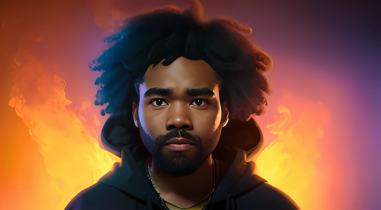 Man with dreadlocks and a hood in front of a fire, Gambino Infantil, Album art, (fire), Donald Glover como Miles Morales, arte oficial, Retrato VFX altamente detalhado, Donald Glover, retrato vfx altamente detalhado de, imagem do avatar, saturation 40, retrato de ultra realista, retrato de alta qualidade, dramatic artwork, Fanart, Arte Promocional