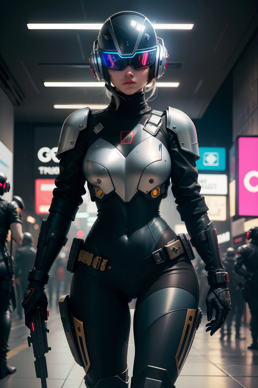 Garota Policial Cyberpunk com arsenal de armas e armadura cibernetica futurista e capacete futurista com viseira no corpo de corpo completo, capacete completo com viseira estilo daft punk