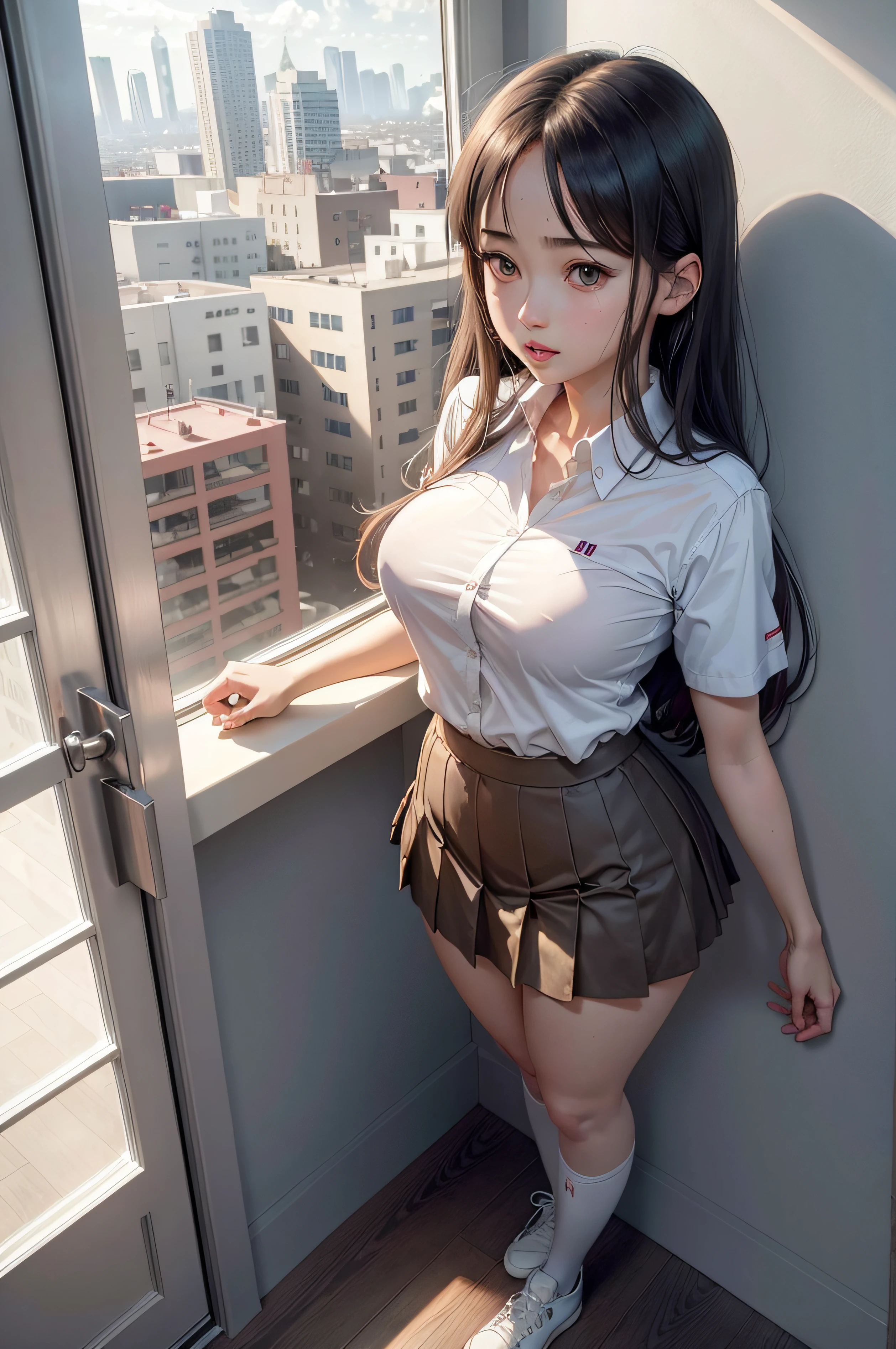 Anime girl in uniform talking on mobile phone, iwakura lain, nagatoro, beautiful anime high school girl, magical school student uniform, Hinata Hyuga, visual novel cg, nishimiya shouko, anime moe art style, Smooth Anime CG Art, Rei Hiroe, shikamimi, yuyushiki, 4k highly detailed realistic ((full body including legs)) photo of beautiful 18 year old Anglo-Saxon sweaty girl with ((sharp jawline)) and perky tits, in wet clothes standing by the bedroom window in a tall building with white walls in a wet sports bra with a deep neckline