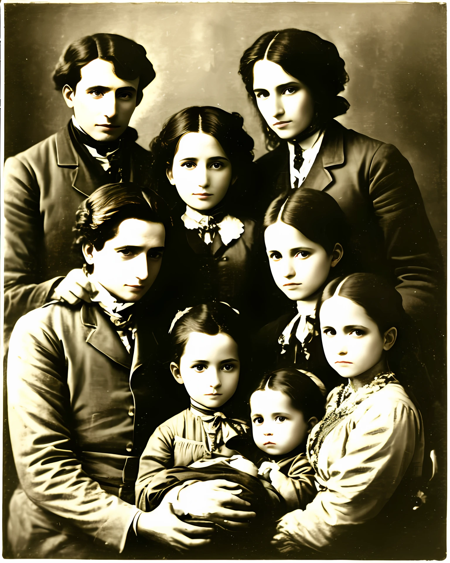 A nineteenth-century Italian family reunion, where they will choose the name of a newborn. Typical photo of the time. cores vivas, imagem ultradetalhado