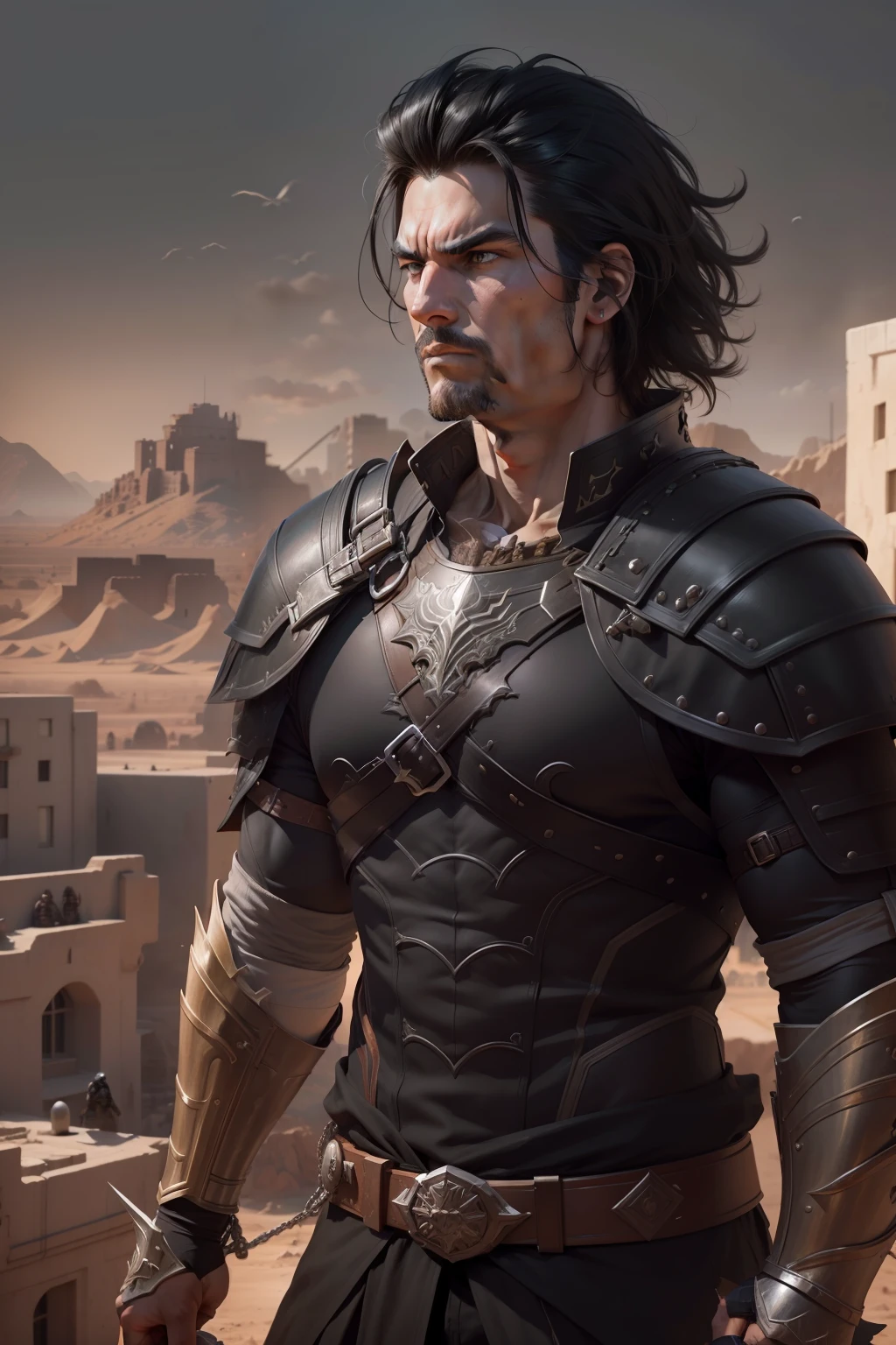 realistic image of a strong man, short black hair, combed to the side, stern expression, dressed in black rpg warrior attire with silver shoulder pads, standing on top of a building in a brown desert city