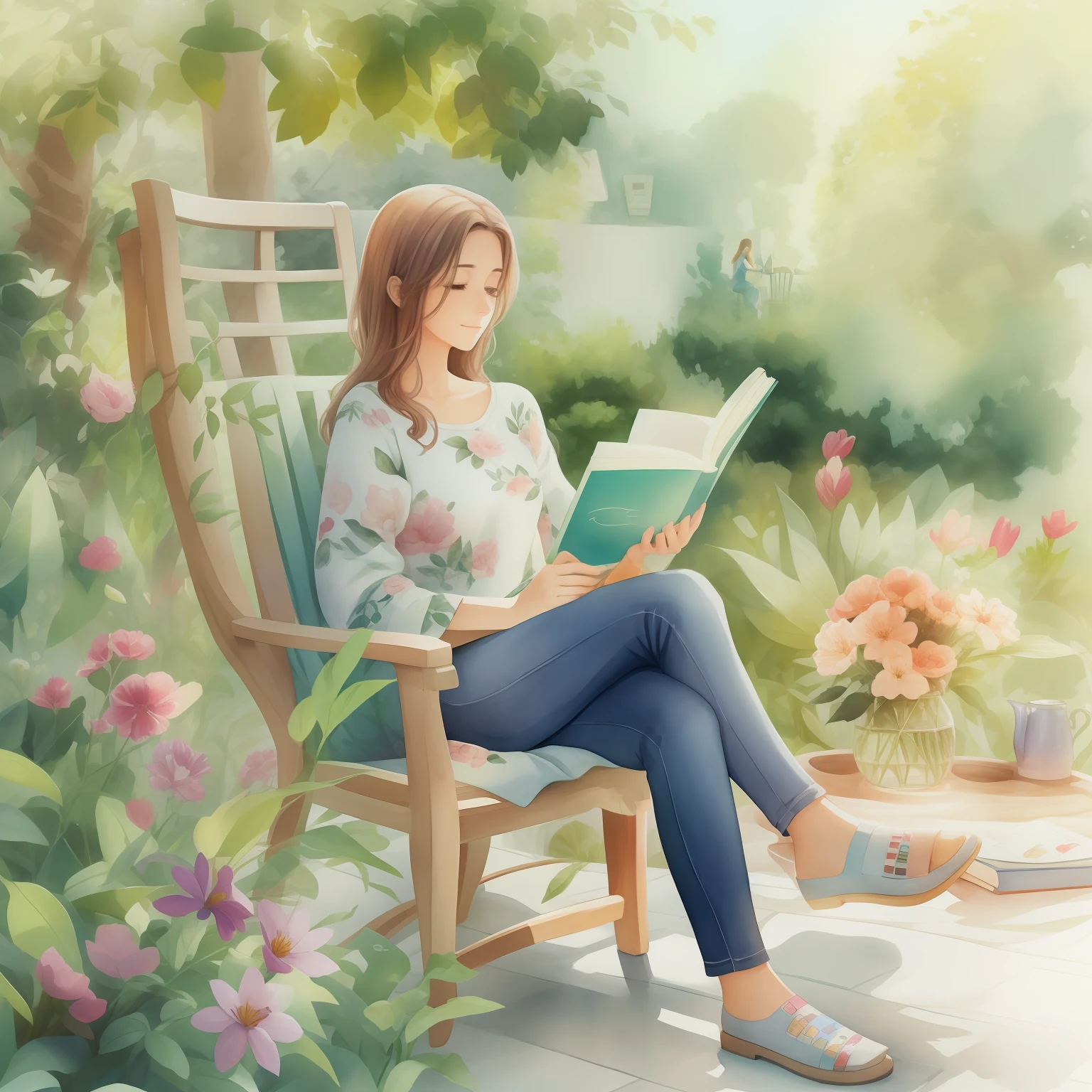 a watercolor painting of a woman sitting in a chair reading a book and drinking coffee, arte conceitual relaxante, fundo aconchegante da casa, sentado no jardim, summer afternoon, Papel de parede aconchegante, sentado com flores, pintura realista da menina bonito, in a comfortable chair, sentada em seu quarto, Hangout da tarde, fanart detalhado, fanart oficial, lugar aconchegante, Estilo de desenho bonito, cozy cafe background, dreamy illustration