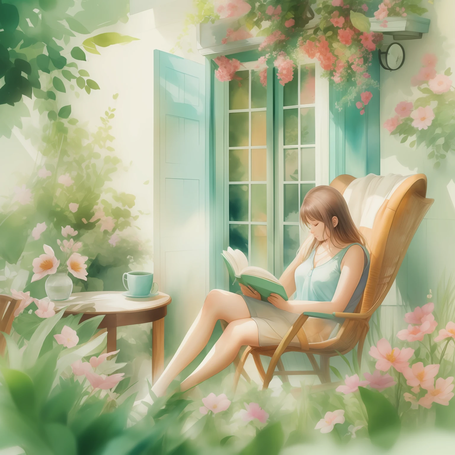 a watercolor painting of a woman sitting in a chair reading a book and drinking coffee, arte conceitual relaxante, fundo aconchegante da casa, sentado no jardim, summer afternoon, Papel de parede aconchegante, sentado com flores, pintura realista da menina bonito, in a comfortable chair, sentada em seu quarto, Hangout da tarde, fanart detalhado, fanart oficial, lugar aconchegante, Estilo de desenho bonito, cozy cafe background, dreamy illustration