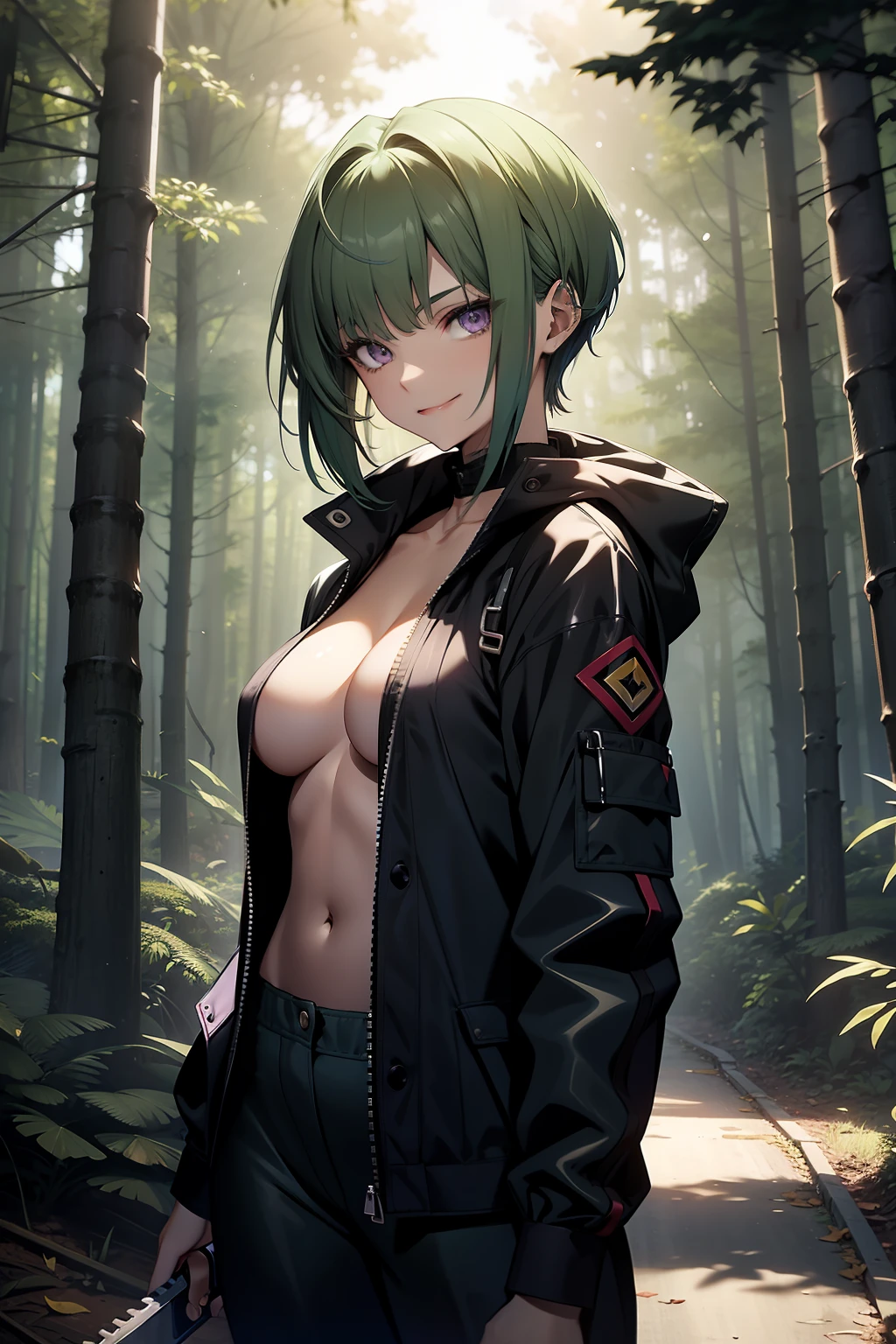 girl, , ligh green hair, short haircut, purple eyes, short jumpsuit,, half naked, sexy outfit, sensual, in dark forest, holding chainsaw, Looking at Viewer, sinister sensual smiling, no underwear