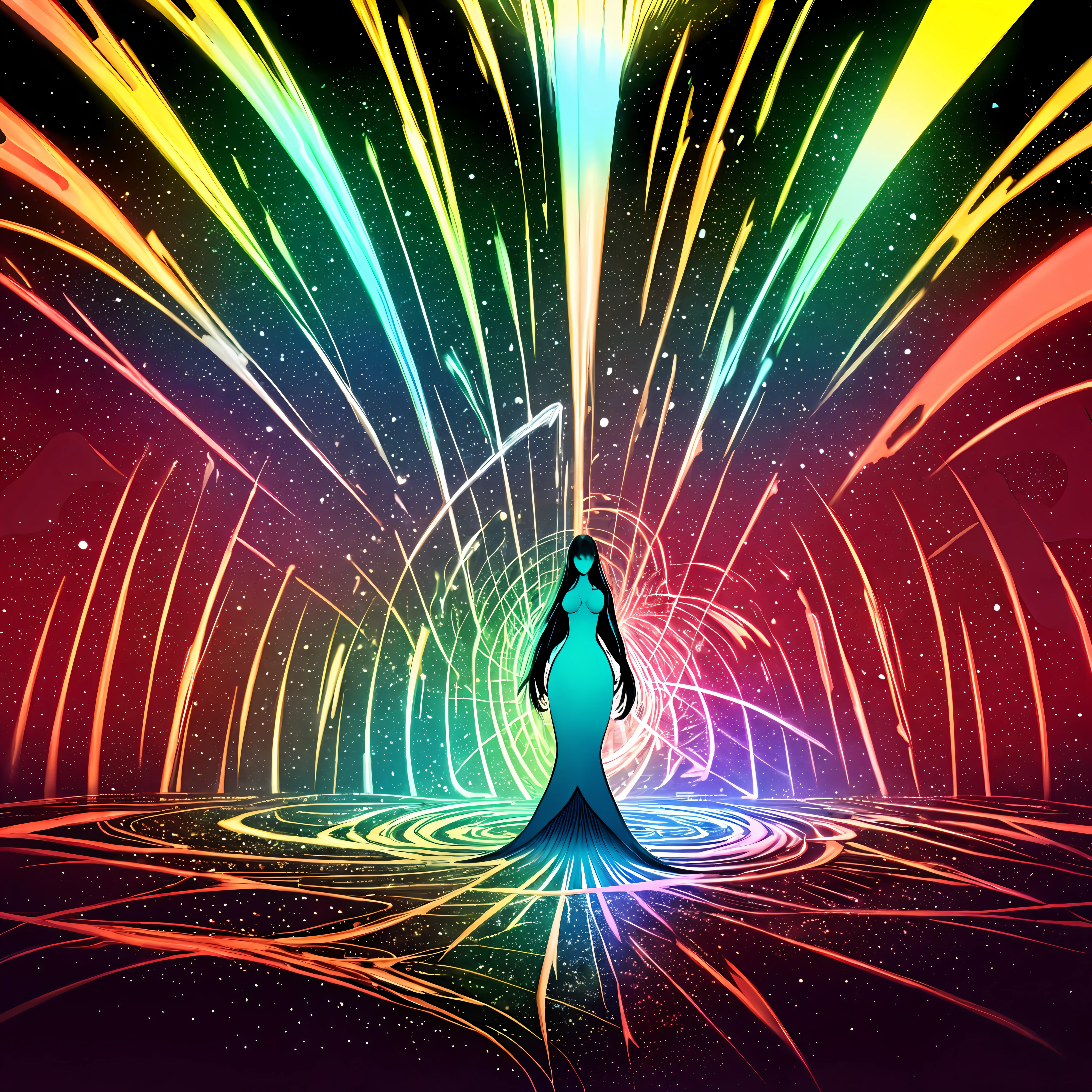 inconceivable and spectacular a scene of emergence of a mermaid from the glowing cloud, fractal nebula threads, cosmic entities, celestial, cosmic, vibrant and vivid, swirls, twirling, unrealistic, high contrast, symobolism, magical, mystical, mystifying, hyperrealistic, oversaturate, colorfully