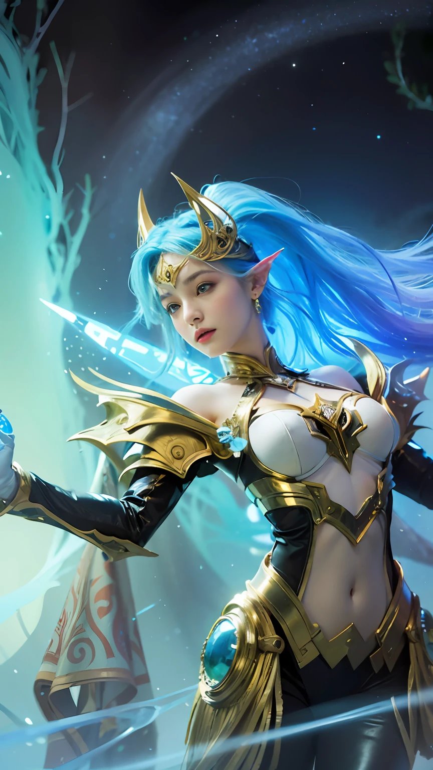 (8k, best quality, masterpiece:1.2), (realistic, photo-realistic:1.37), ultra-detailed,
A detailed portrait of 1 girl 21 year old girl, fantasy character, blue eyes, tosca hair color, detail face, pale skin, face facing the camera, wearing queen costumes, zodiac suit. The scene is illuminated with professional lighting, photon mapping, and radiosity, with Tetsuya Nomura Style and a zodiac feel, gemini cosplay, zodiac gemini vibes. In the dark forest river terrible background with blur or bokeh effect, neon details, realistic light.