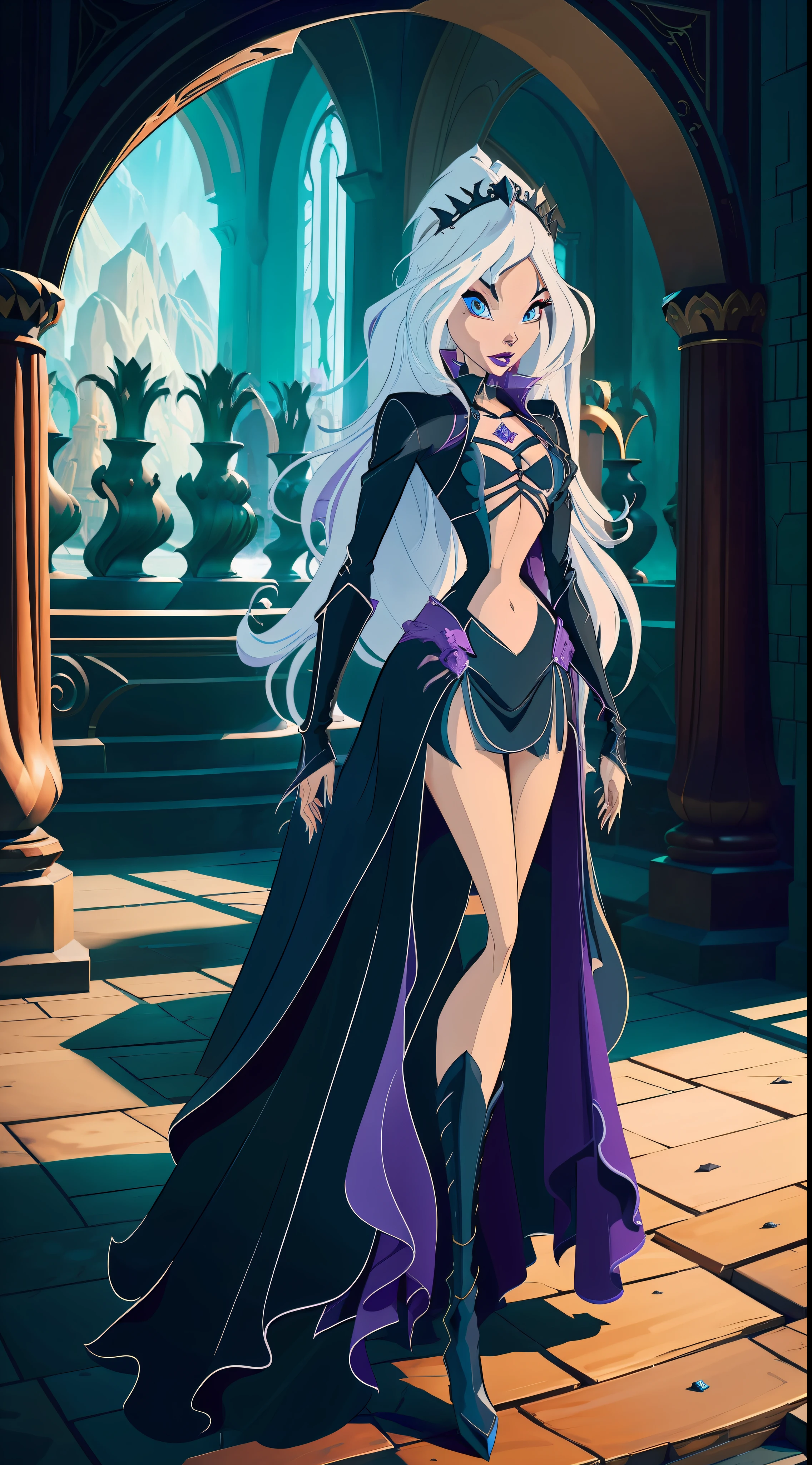 Trixyra, the mysterious figure with a striking appearance, displays long silver hair flowing in the wind, contrasting with her pale skin and intense violet eyes. Her black attire is adorned with icy details, highlighting her affinity for ice. Her majestic posture conveys an aura of mystery and dark magic. With a cold and determined expression, Trixyra exudes imminent threat, making her a formidable adversary for the Winx and the Wizarding World. The epic, cinematic image is created using 8K Octane rendering techniques, exploiting razor-sharp detail and impeccable studio lighting, inspired by the styles of renowned artists John Park, Rafael Grassetti and Jama Jurabaev