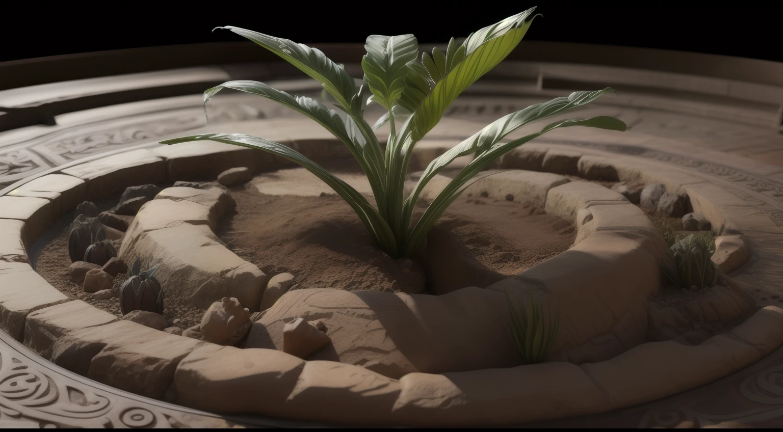 ((best quality)), ((masterpiece)), ((realistic)), A photograph of a petroglyph, rectilinear, rough stone texture, sunlit underground chamber of a temple, intricate native American (symbols that seem to tell the story of an ancient deity watering their plants:1.3), masterpiece, Photography, using a macro lens for detailed close-ups, RAW photo, Photorealistic, Hyperrealistic, Hyperdetailed, soft lighting, subsurface scattering, realistic, heavy shadow, masterpiece, best quality, ultra realistic, 8k, Intricate, High Detail, film photography, trending on artstation , sharp focus, digital render, professional, 4k