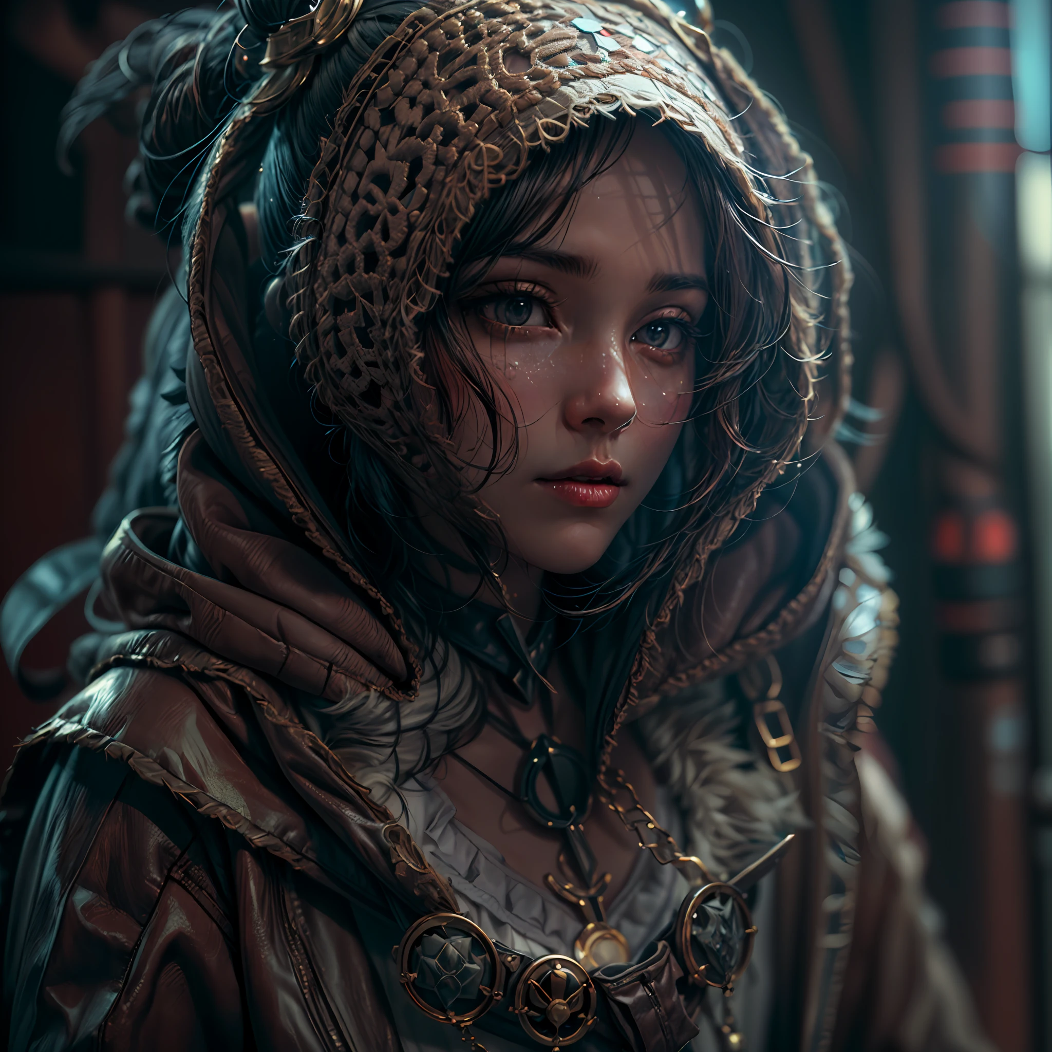 Candid capture of an ((((adorable, captivating, enchanting, female)))),(((goddess, anima))),(top buns),((hood, leggings, layered skirt, cowl, pouches)),((boots, gloves, blades)), (((fuzzy-logic, psychenautics, mysticism, urban-gothic, psychonaut, sci-fi, hi-fi, abstracted, quasi-organic, sacred geometrics, biomechanics, alchemical, isometrics))), (((most beautiful images in existence))), 3d, 2.5d, midreal, (masterpiece), (masterwork), ((top quality)), ((best quality)), ((highest quality)), ((high fidelity)), ((highest resolution)), ((highres)), ((hyper-detailed)), (((detail enhancement))), ((deeply detailed)), unity 8k, unreal 8k, octane render, awe inspiring, breathtaking, hdr, uhd, hdr, fhd, meticulous, intricate, intimate, nuanced, award winning, (((most beautiful artwork))), caustics, film grain, radiosity, photon mapping, ray tracing