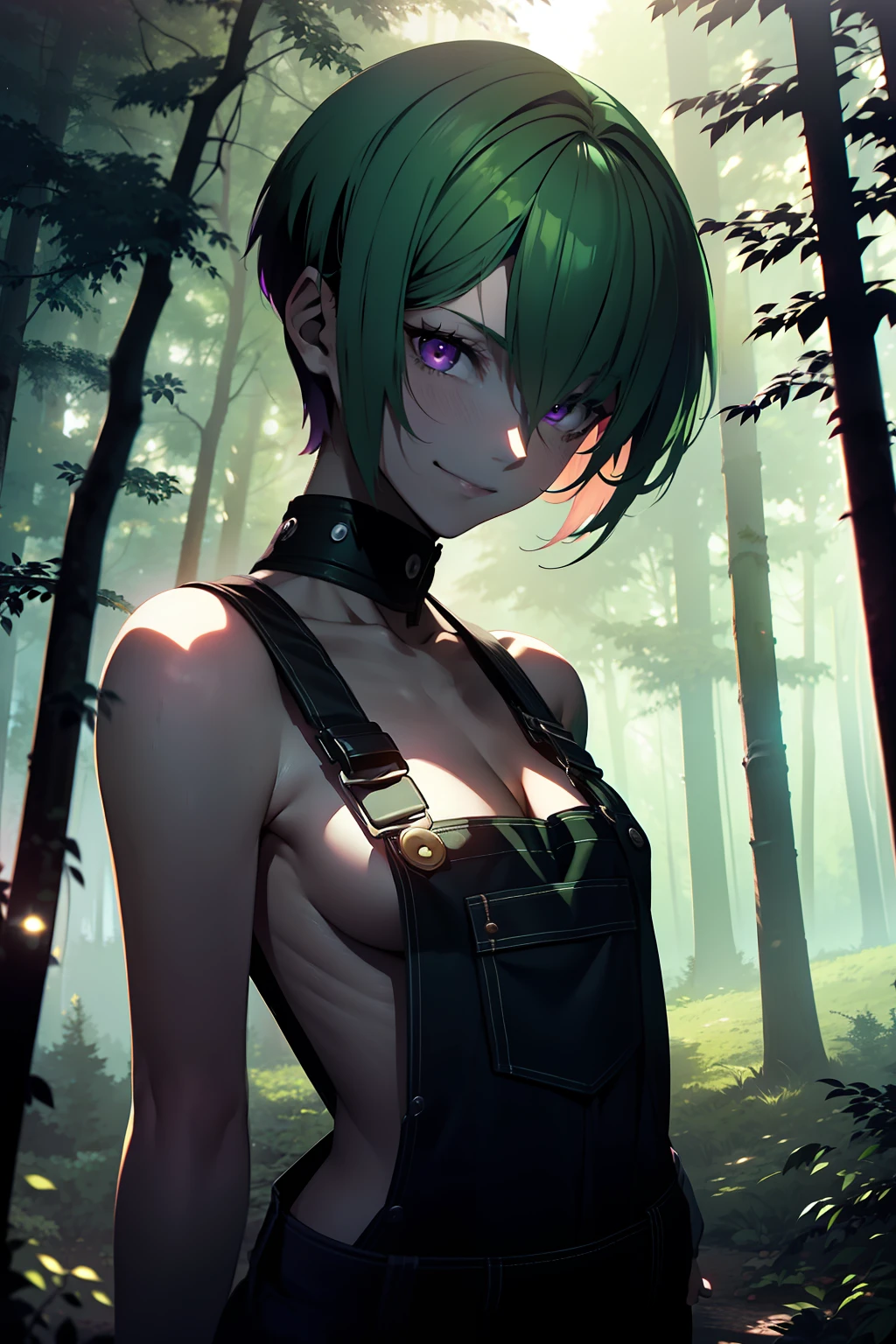 girl, , ligh green hair, short haircut, purple eyes, short  overhalls, tattoed arm,, half naked, sexy outfit, sensual, in dark forest, holding chainsaw, Looking at Viewer, sinister sensual smiling, no underwear